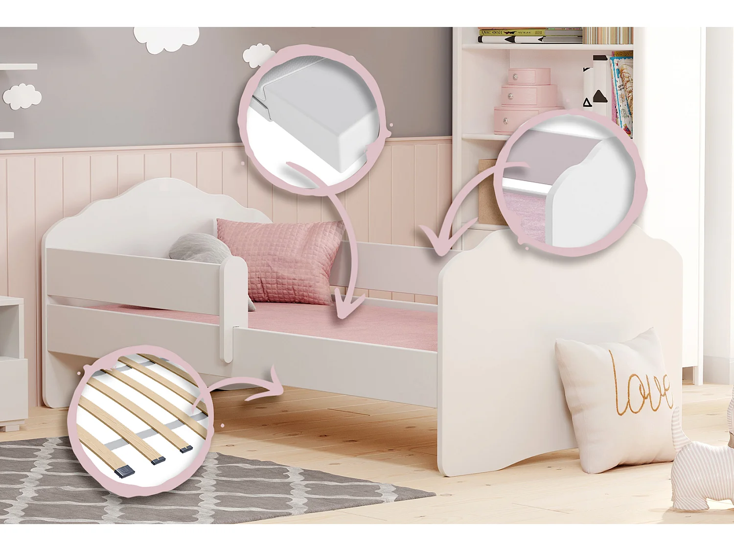Fala - lit simple 160x80 blanc, dans un ensemble avec garde-corps, matelas et sommier
