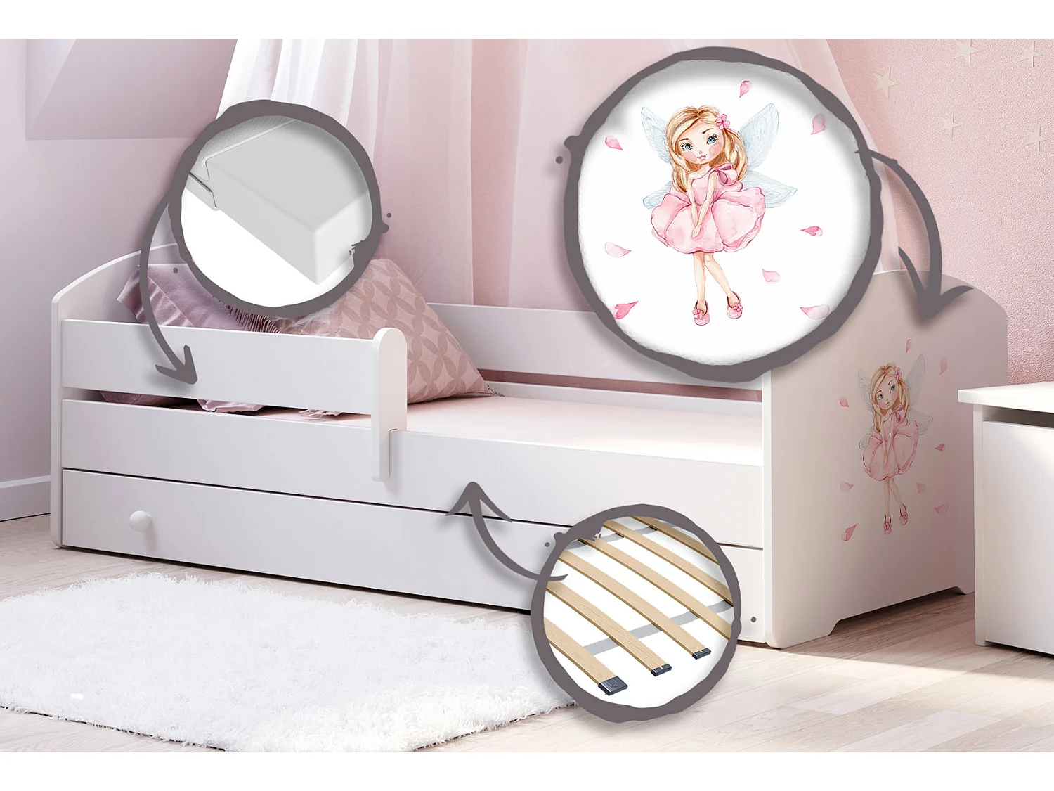 Cama de criança 140 x 70 com gaveta, colchão e estrado incluídos Kobi Luk Girl with wings