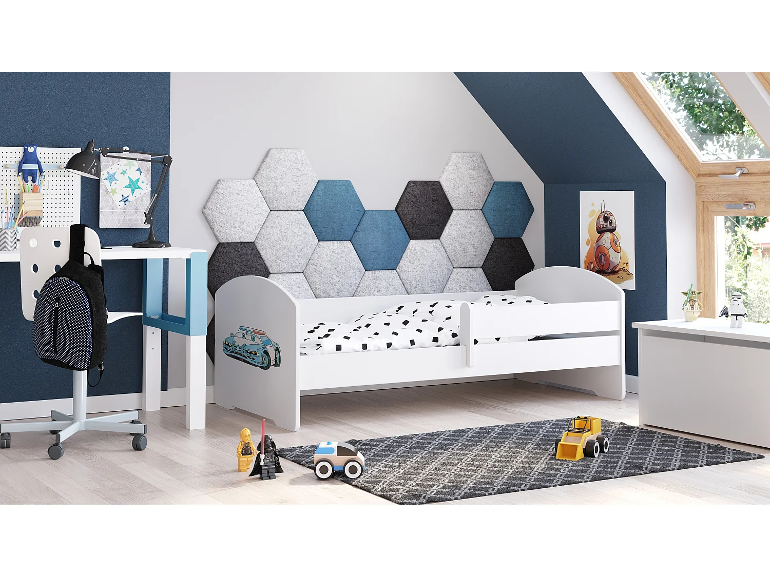 Luk - lit simple 160x80 avec graphisme pour enfants, dans un ensemble avec garde-corps, matelas et cadre