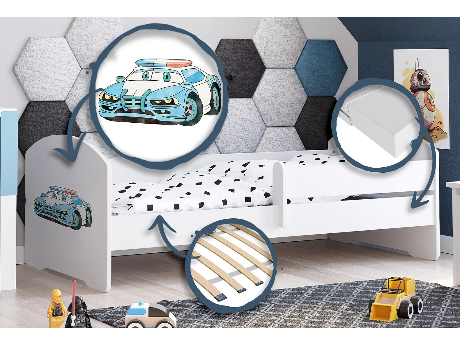 Luk - lit simple 160x80 avec graphisme pour enfants, dans un ensemble avec garde-corps, matelas et cadre