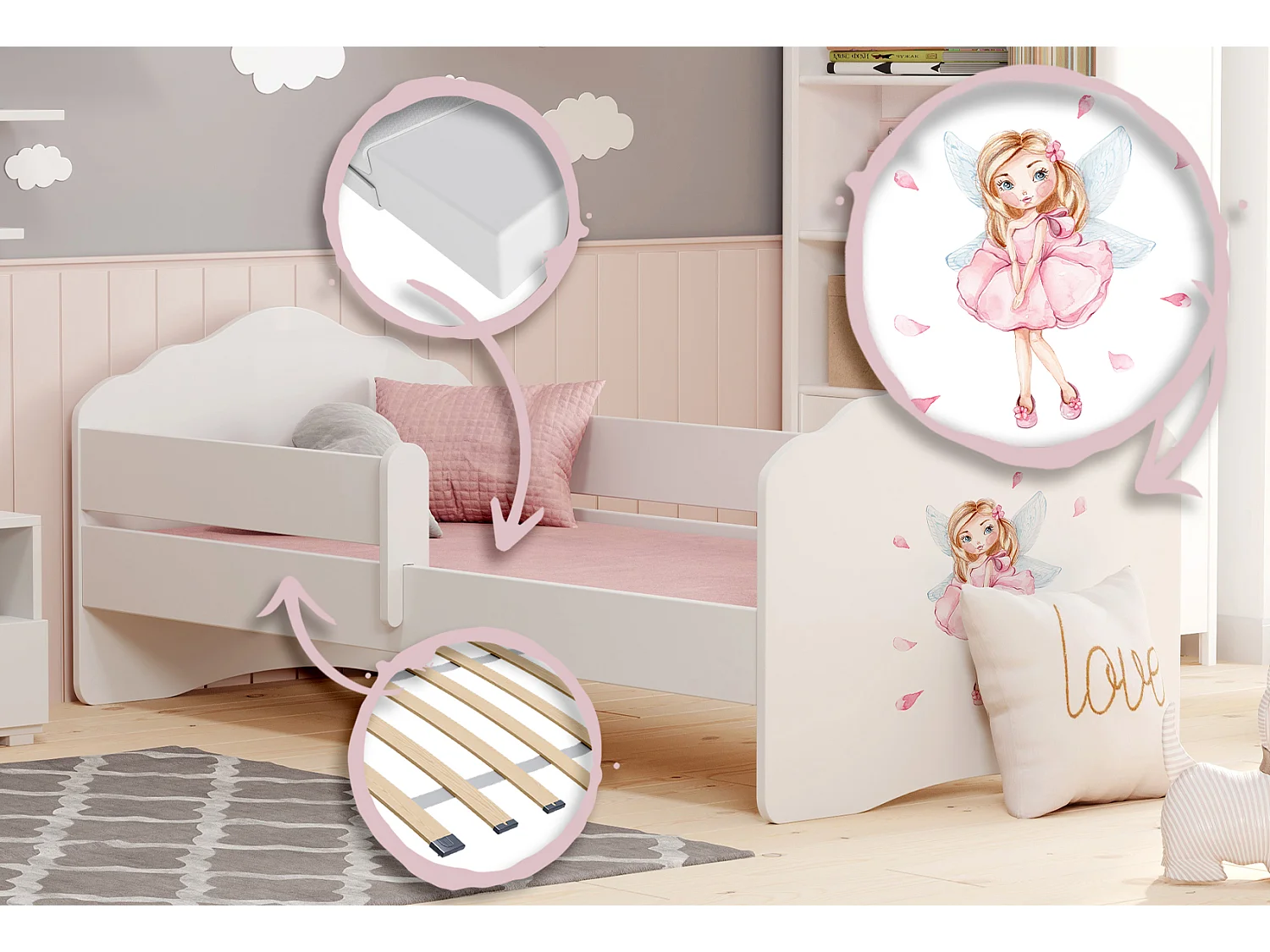 Fala - lit simple 160x80 avec graphismes pour enfants, dans un ensemble avec garde-corps, matelas et cadre