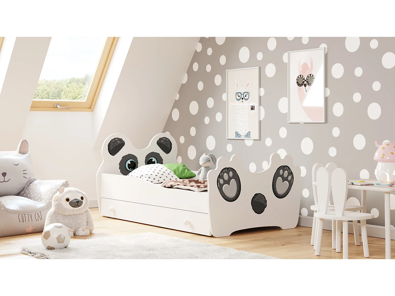 Lit simple Panda 140x70 avec graphismes pour enfants, dans un ensemble avec un tiroir, un matelas et un cadre