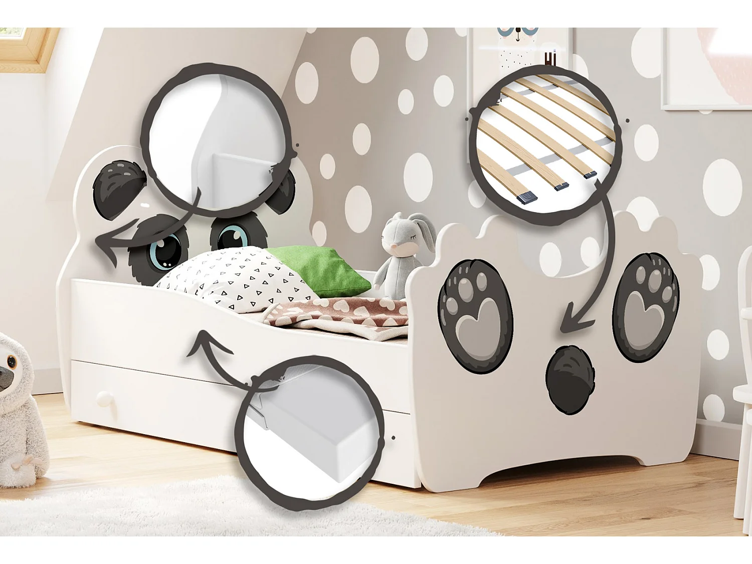 Lit simple Panda 140x70 avec graphismes pour enfants, dans un ensemble avec un tiroir, un matelas et un cadre