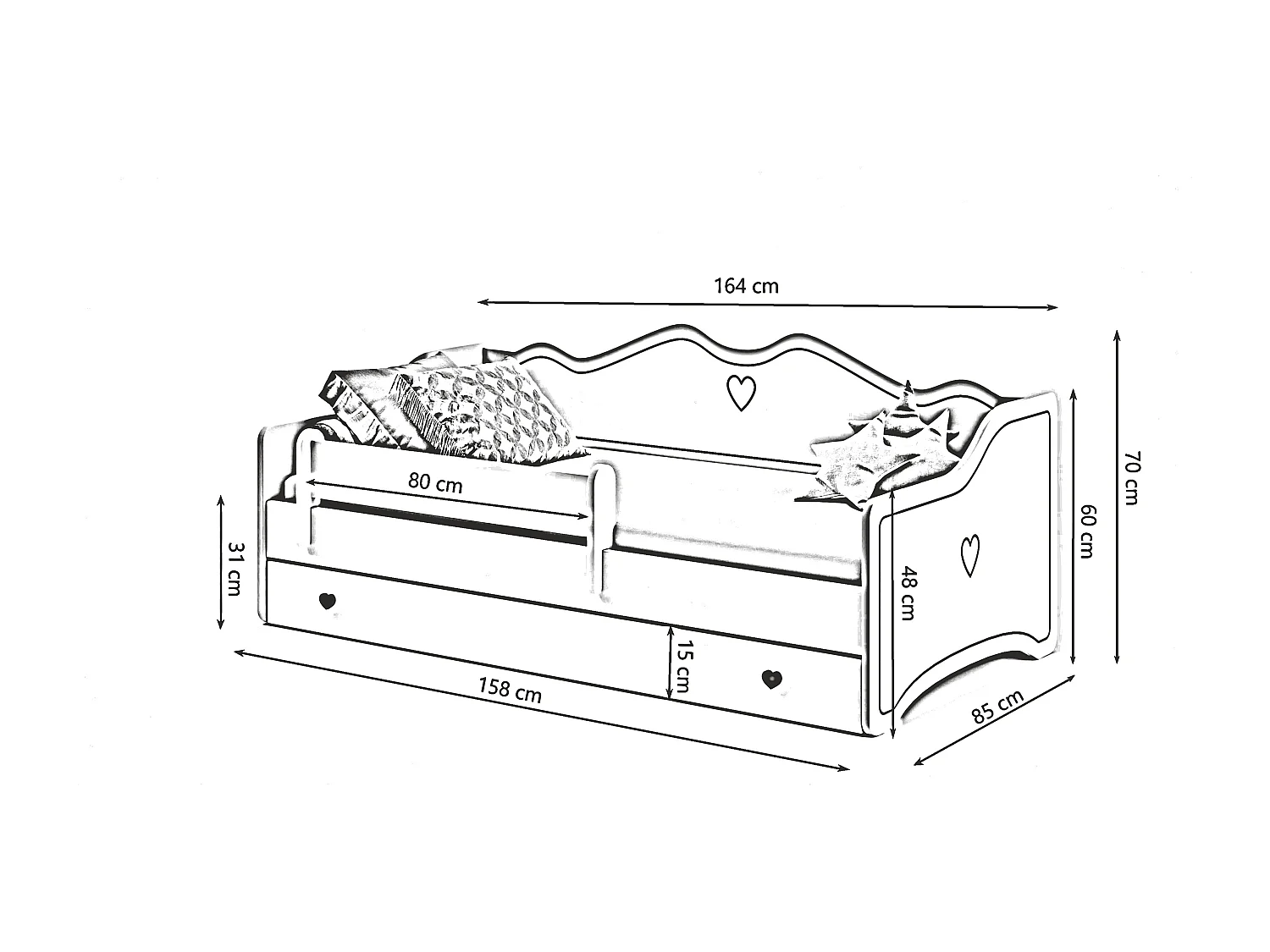 Emma - lit simple 180x80 dans un ensemble avec un tiroir, une balustrade, un matelas et un cadre