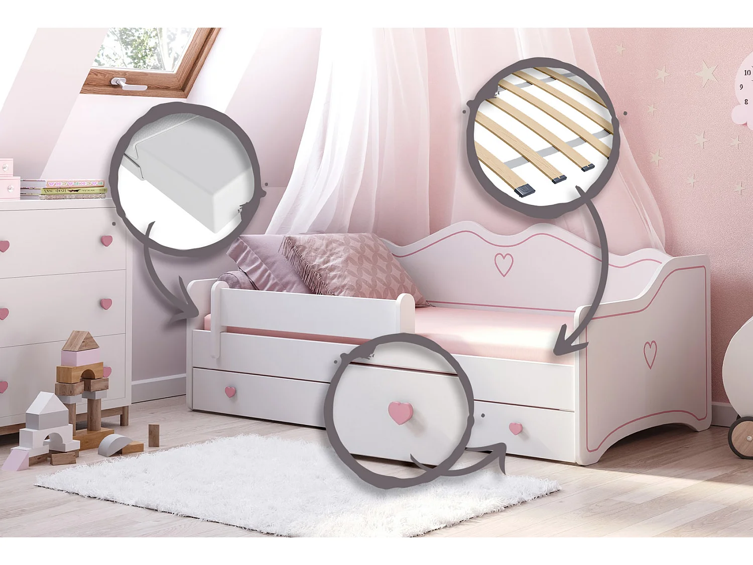 Emma - lit simple 180x80 dans un ensemble avec un tiroir, une balustrade, un matelas et un cadre