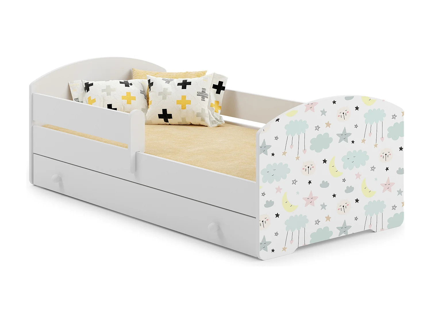 Luk - lit simple 160x80 avec des graphismes pour enfants, dans un ensemble avec un tiroir, une balustrade, un matelas et un cadre