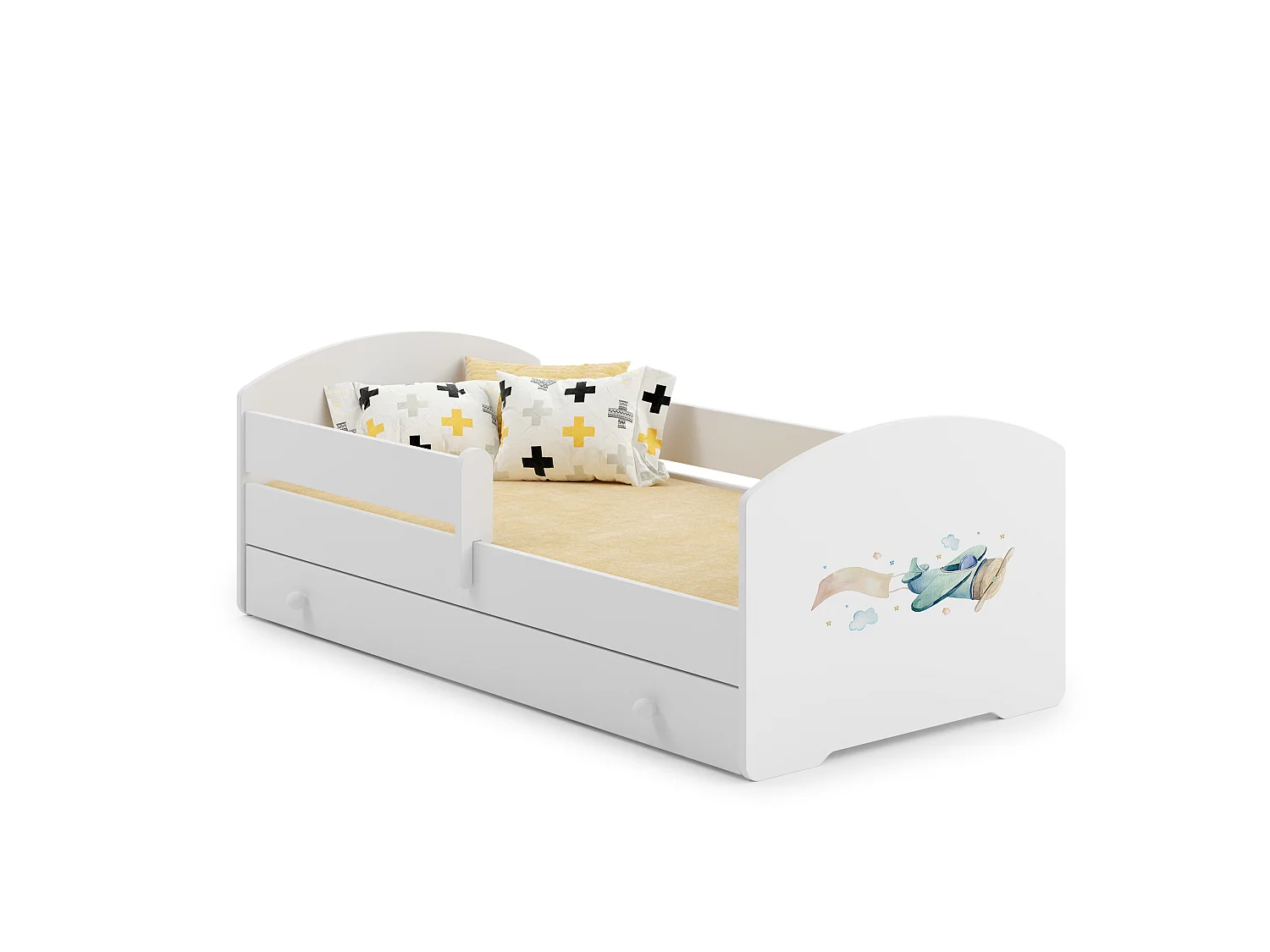 Luk - lit simple 160x80 avec des graphismes pour enfants, dans un ensemble avec un tiroir, une balustrade, un matelas et un cadre