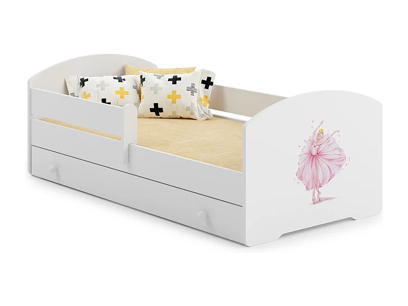 Luk - lit simple 140x70 avec des graphismes pour enfants, dans un ensemble avec un tiroir, une balustrade, un matelas et un cadre