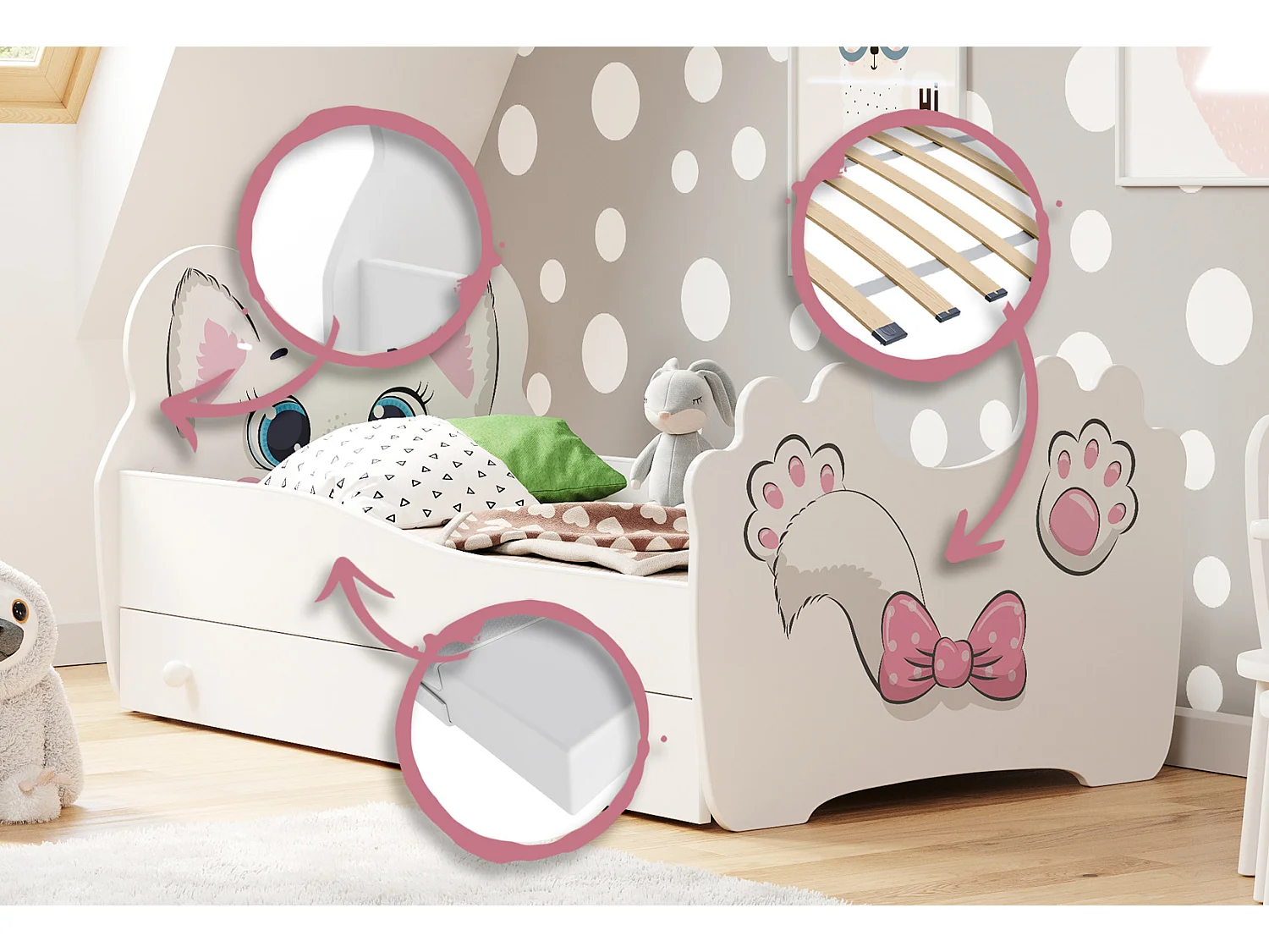 Lit simple Chat rose 160x80 avec graphismes pour enfants, dans un ensemble avec un tiroir, un matelas et un cadre