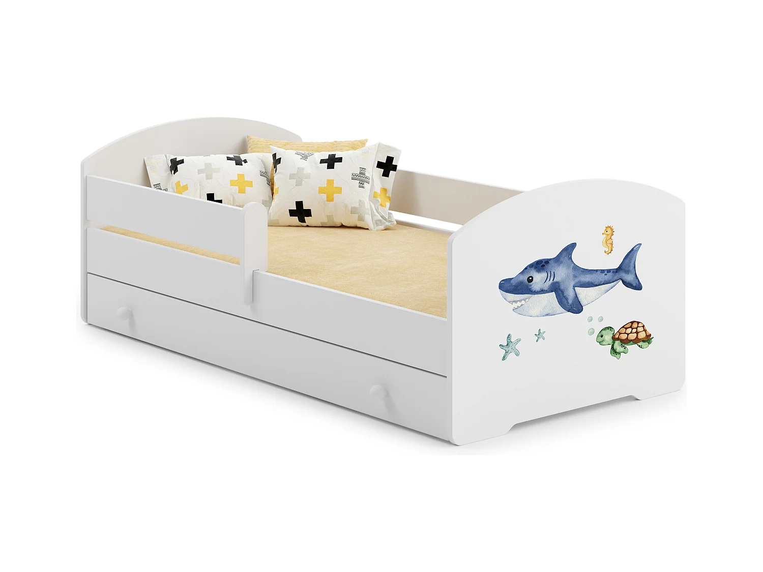 Luk - lit simple 140x70 avec des graphismes pour enfants, dans un ensemble avec un tiroir, une balustrade, un matelas et un cadre