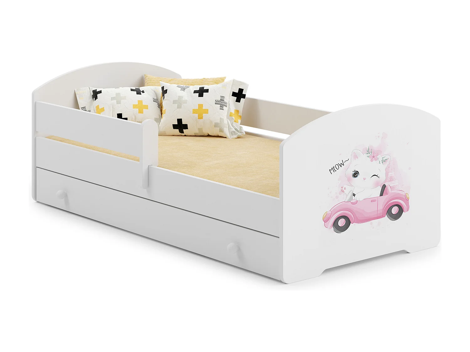 Luk - lit simple 160x80 avec des graphismes pour enfants, dans un ensemble avec un tiroir, une balustrade, un matelas et un cadre