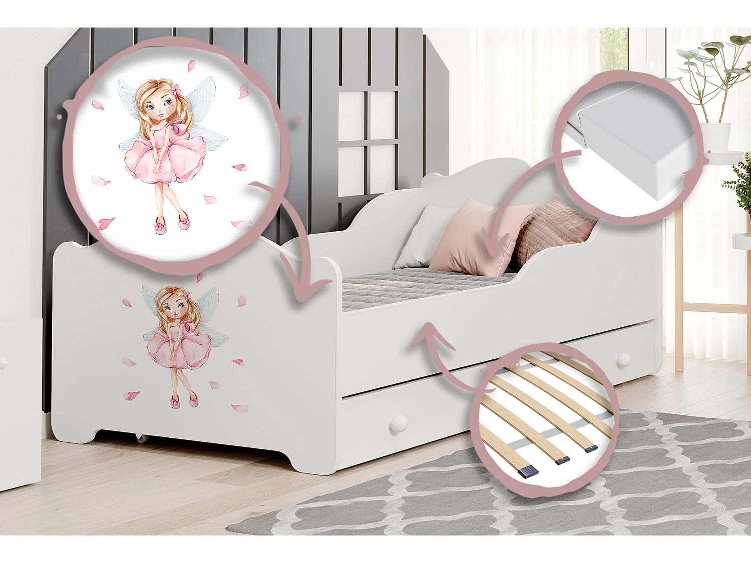 Anna - lit simple 160x80 avec graphismes pour enfants, dans un ensemble avec un tiroir, un matelas et un cadre