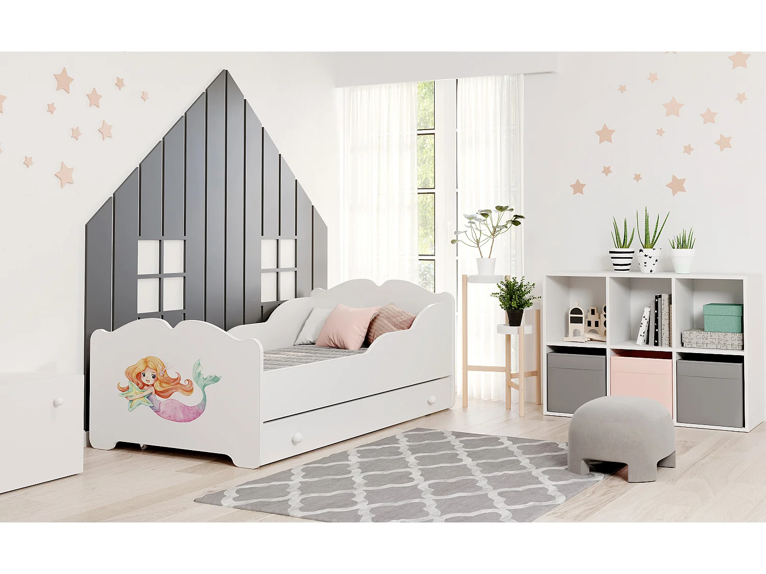 Anna - lit simple 160x80 avec graphismes pour enfants, dans un ensemble avec un tiroir, un matelas et un cadre