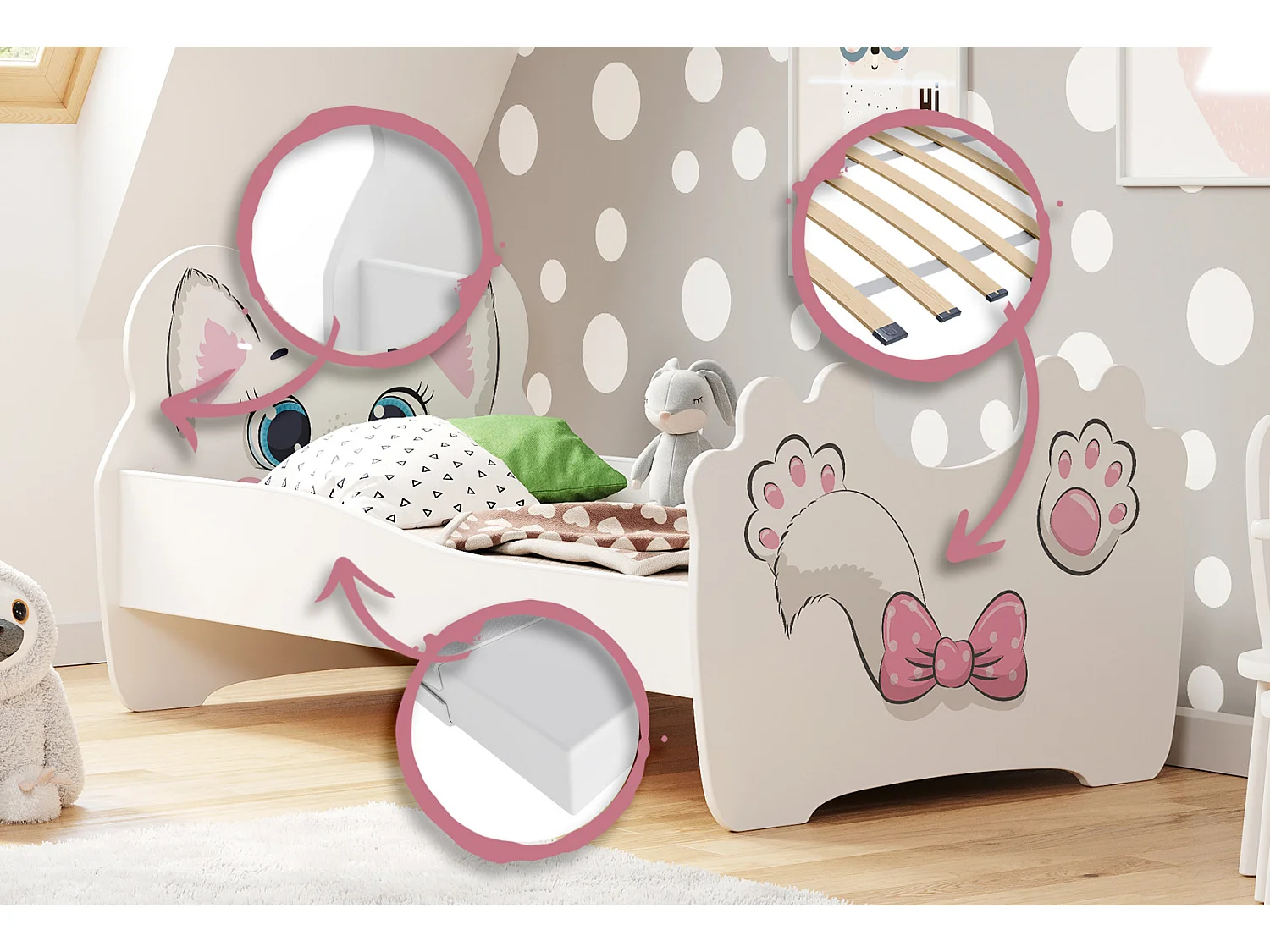 Lit simple chat rose 160x80 avec graphismes pour enfants, dans un ensemble avec un matelas et un cadre