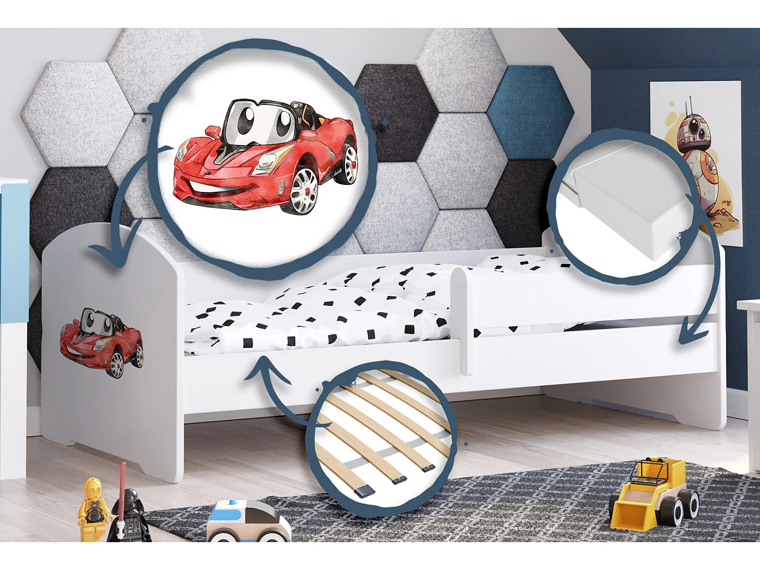 Luk - lit simple 160x80 avec graphisme pour enfants, dans un ensemble avec garde-corps, matelas et cadre