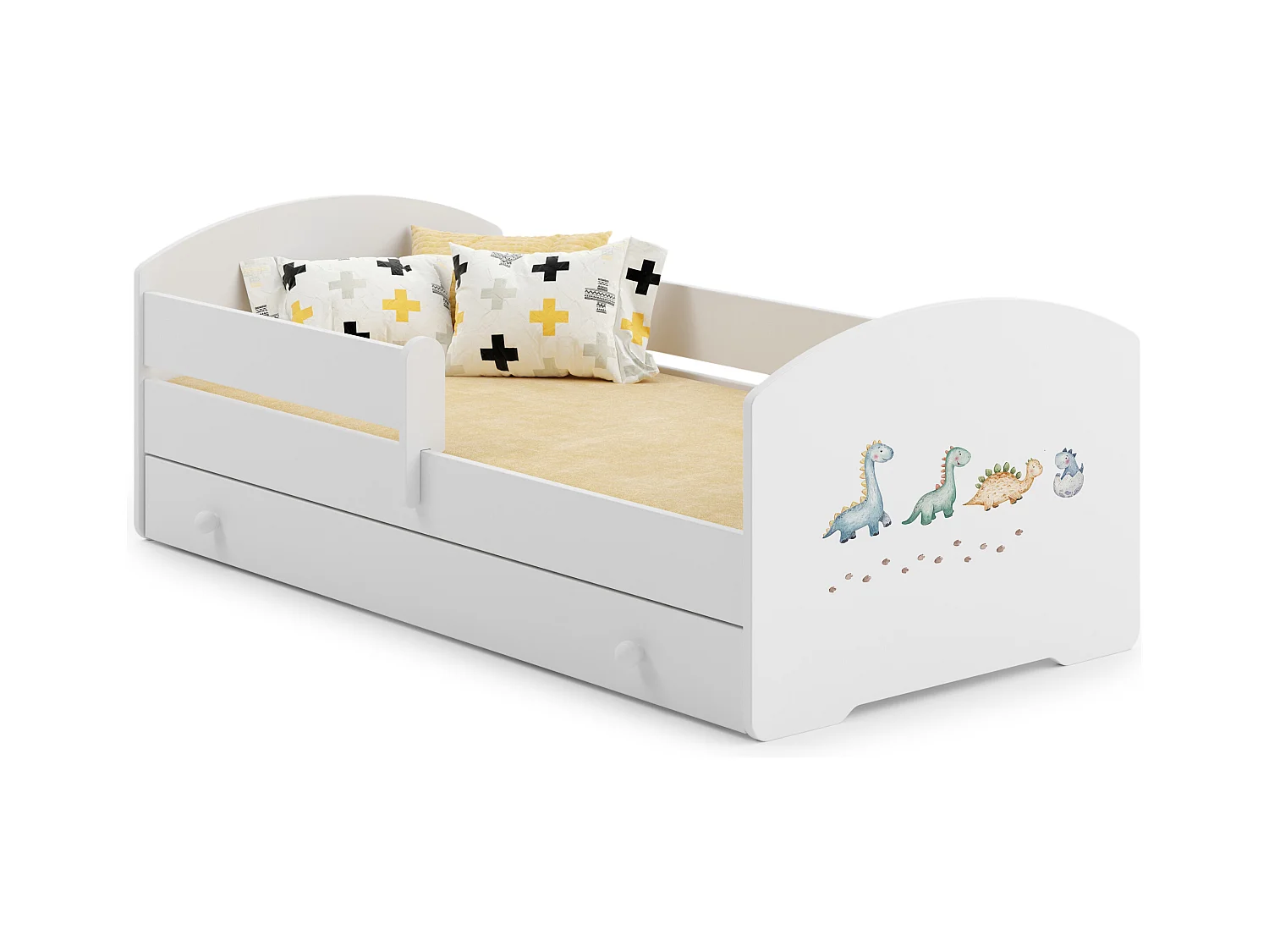 Luk - lit simple 160x80 avec des graphismes pour enfants, dans un ensemble avec un tiroir, une balustrade, un matelas et un cadre
