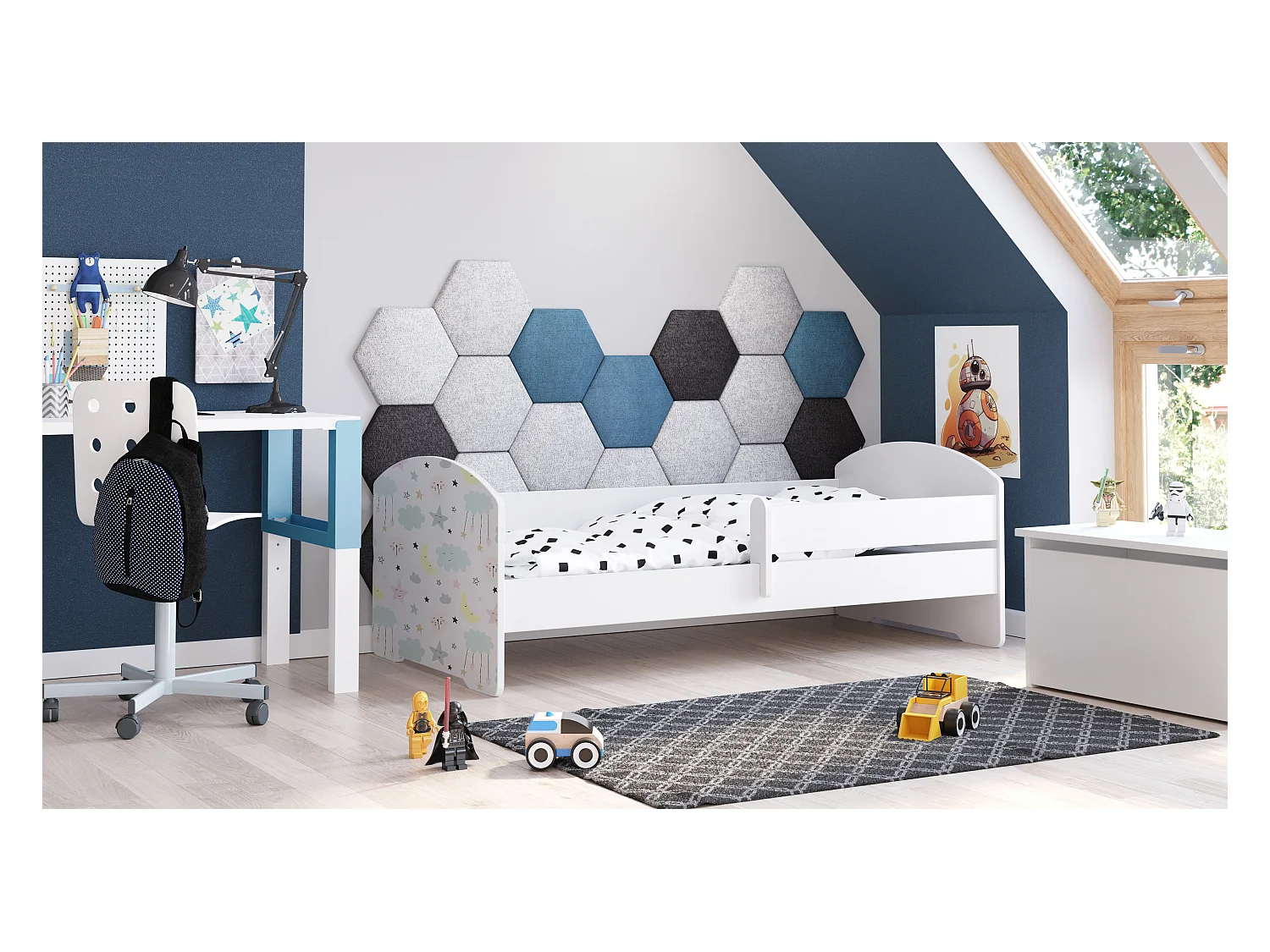 Luk - lit simple 140x70 avec graphisme pour enfants, dans un ensemble avec garde-corps, matelas et cadre