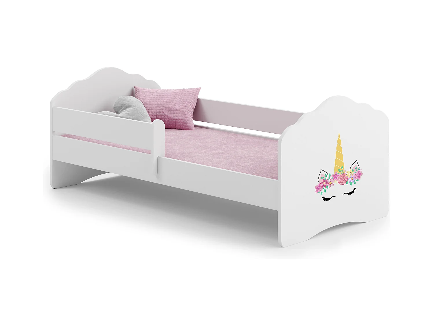 Fala - lit simple 160x80 avec graphismes pour enfants, dans un ensemble avec garde-corps, matelas et cadre
