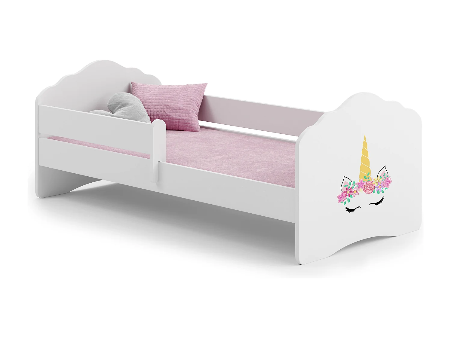 Fala - lit simple 160x80 avec graphismes pour enfants, dans un ensemble avec garde-corps, matelas et cadre