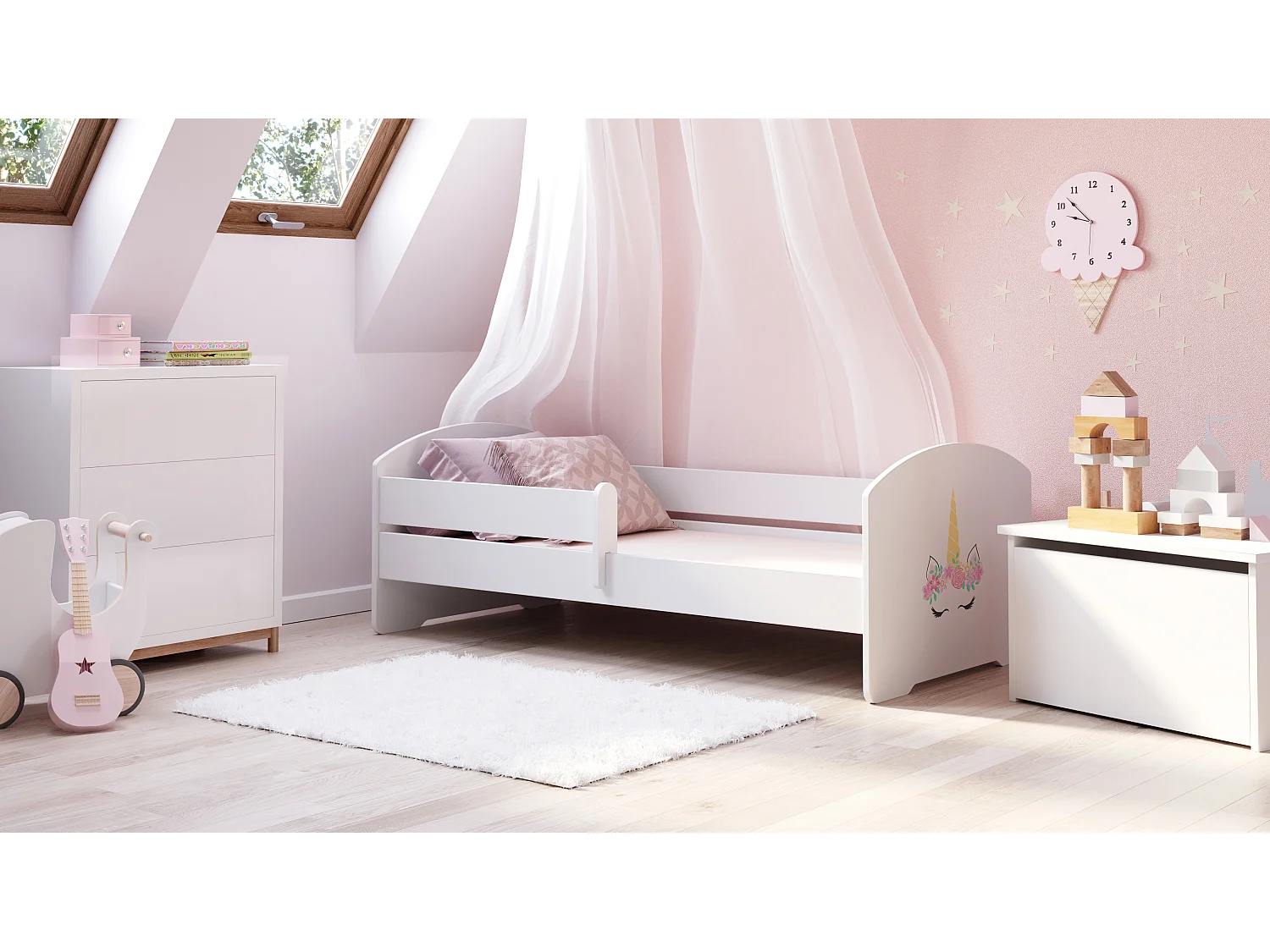 Luk - lit simple 140x70 avec graphisme pour enfants, dans un ensemble avec garde-corps, matelas et cadre