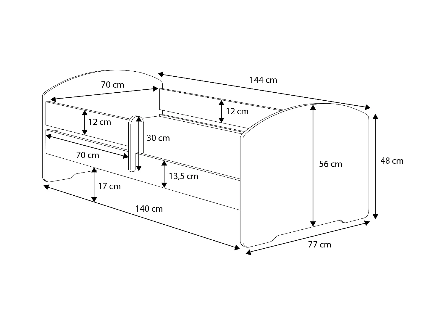 Luk - lit simple 140x70 avec graphisme pour enfants, dans un ensemble avec garde-corps, matelas et cadre