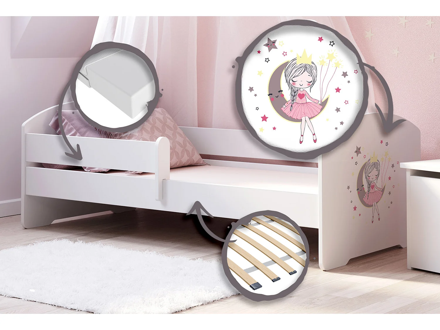 Luk - lit simple 160x80 avec graphisme pour enfants, dans un ensemble avec garde-corps, matelas et cadre