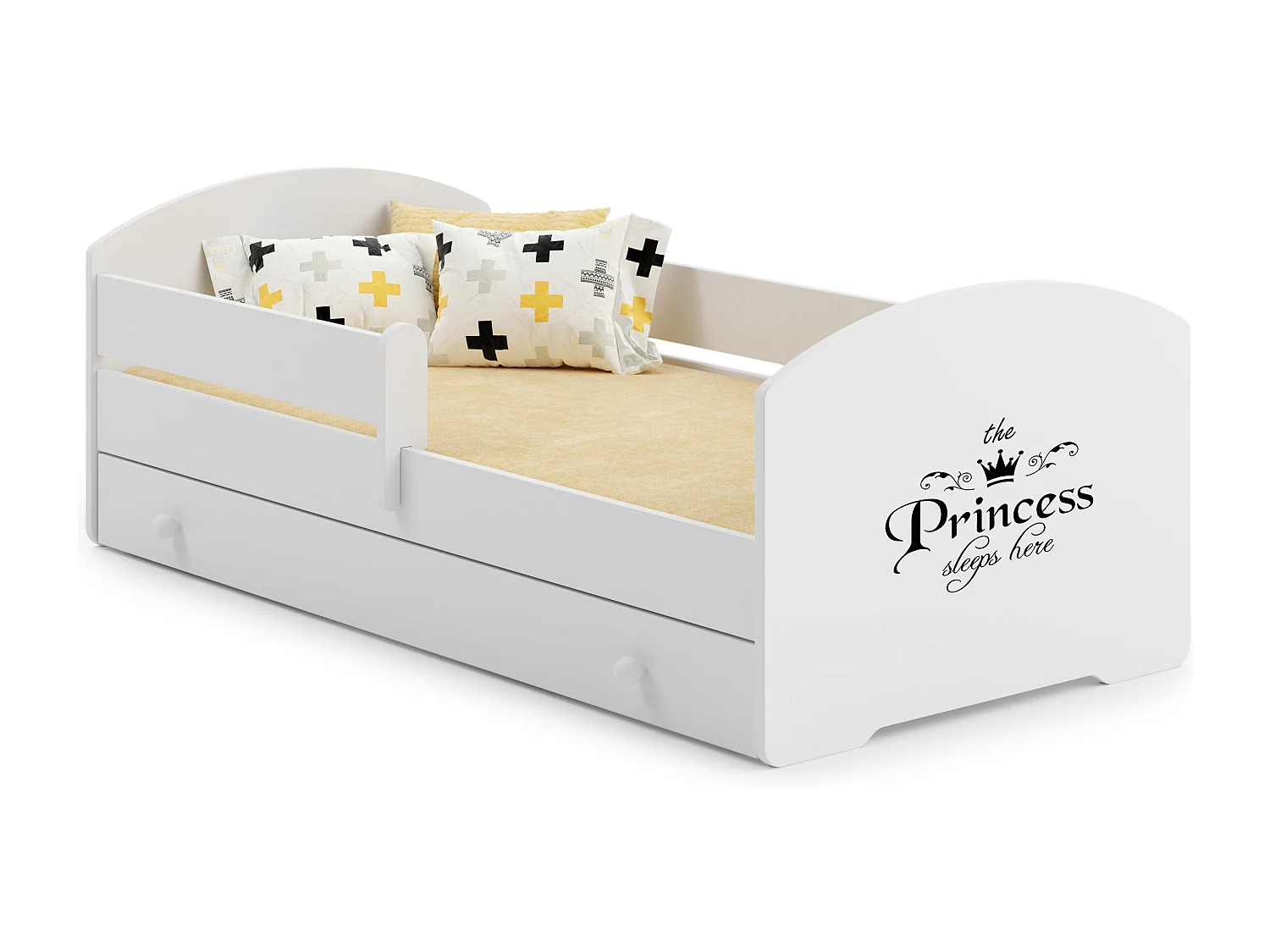 Luk - lit simple 160x80 avec des graphismes pour enfants, dans un ensemble avec un tiroir, une balustrade, un matelas et un cadre