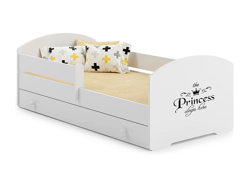 Luk - lit simple 160x80 avec des graphismes pour enfants, dans un ensemble avec un tiroir, une balustrade, un matelas et un cadre