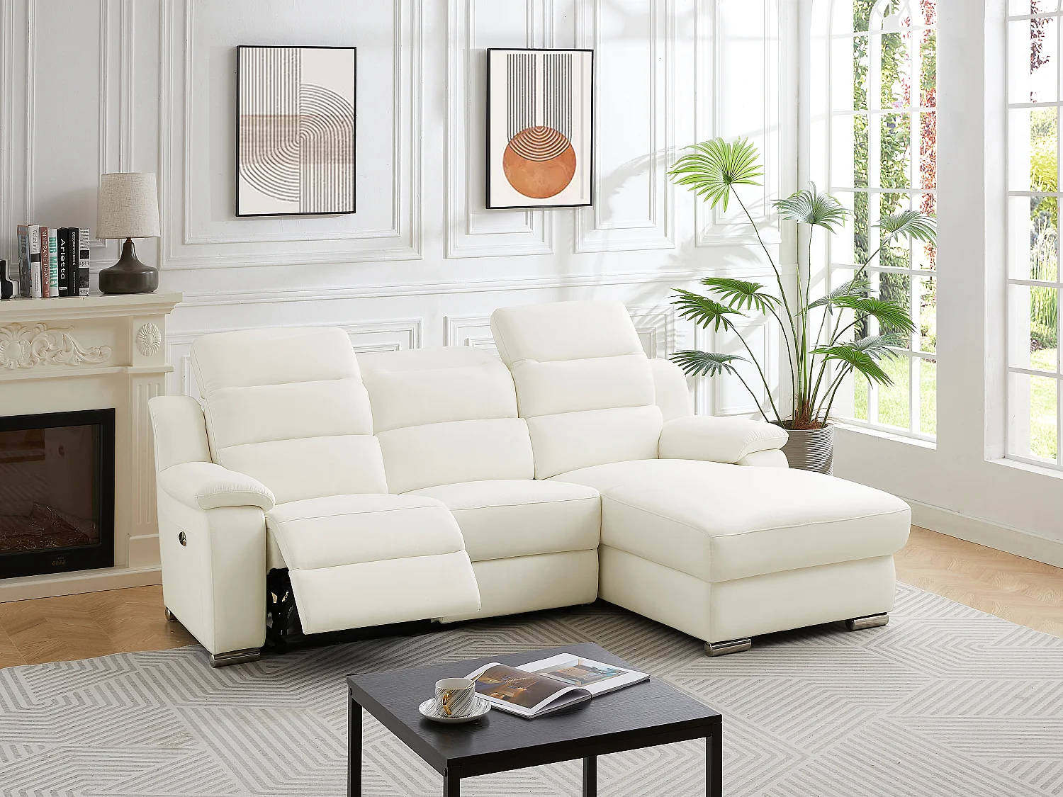 Canapé d'angle droit relax électrique en cuir blanc ARENA III