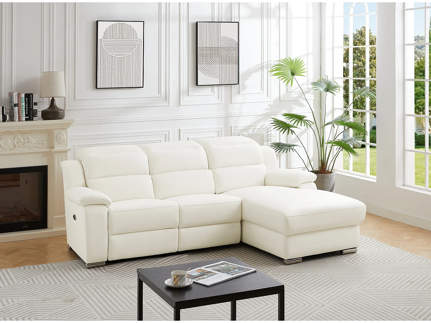Canapé d'angle droit relax électrique en cuir blanc ARENA III