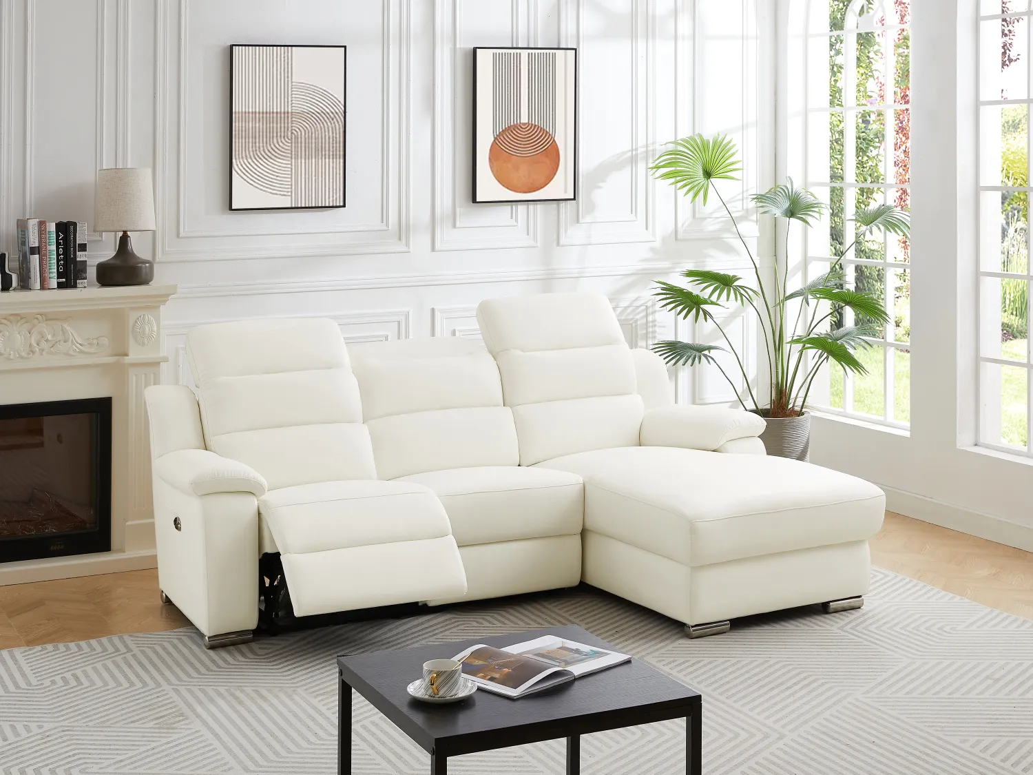 Canapé d'angle droit relax électrique en cuir blanc ARENA III