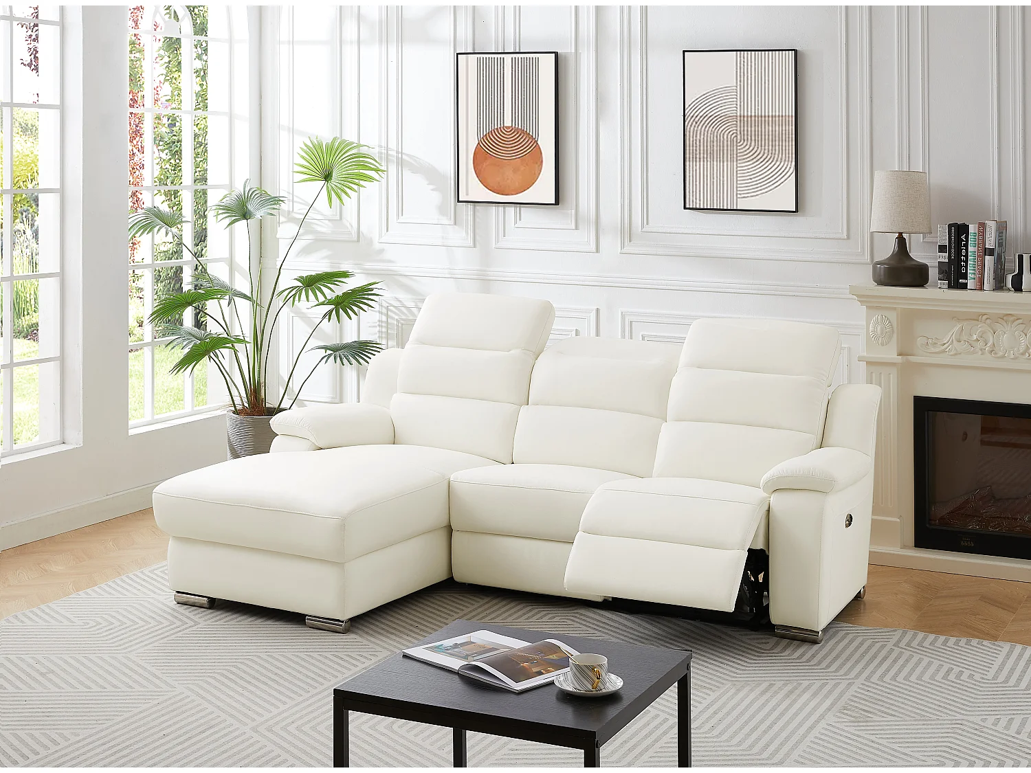 Vänster hörnrelaxsoffa i vitt läder ARENA III med elektrisk lutning