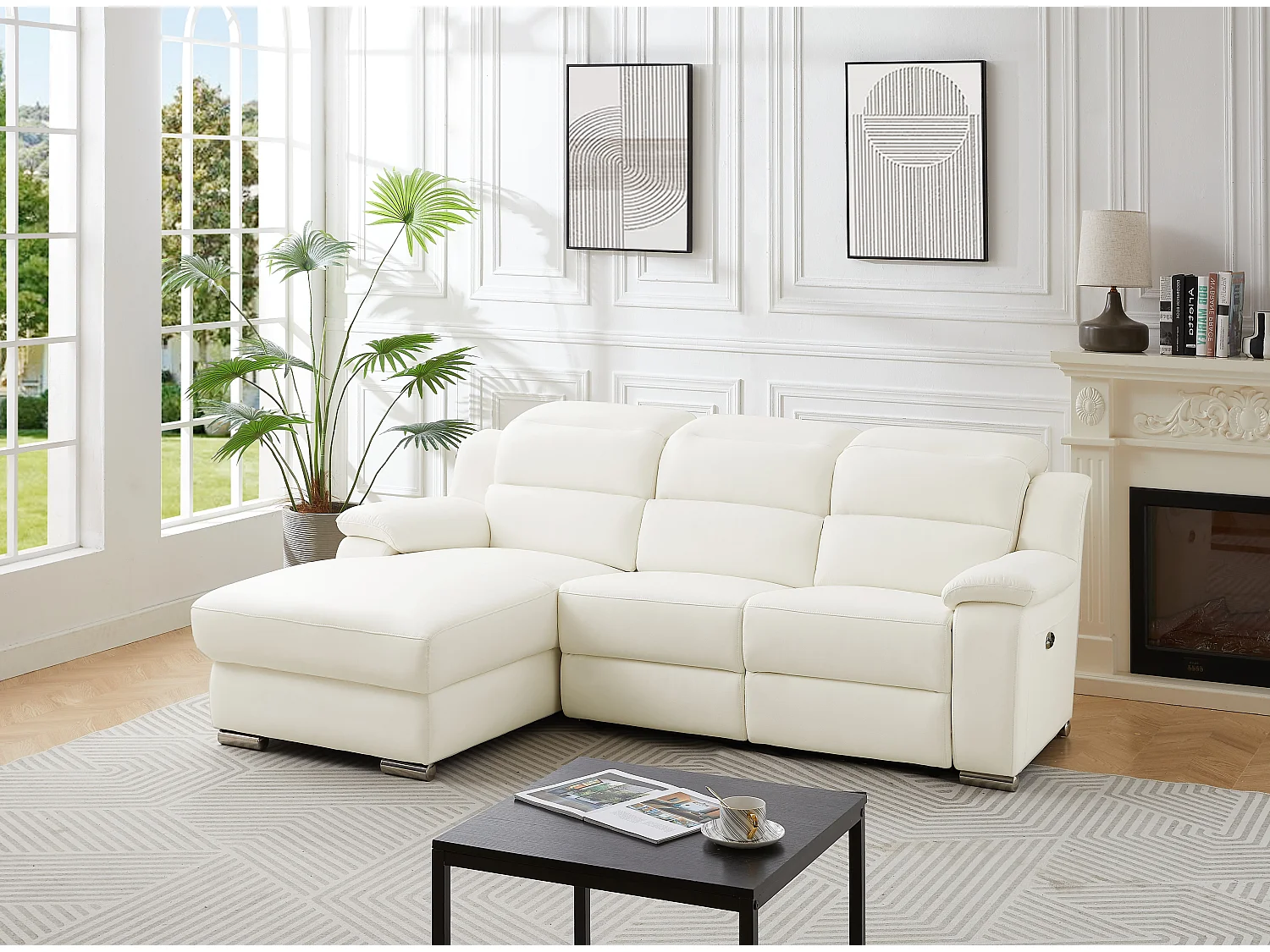 Vänster hörnrelaxsoffa i vitt läder ARENA III med elektrisk lutning