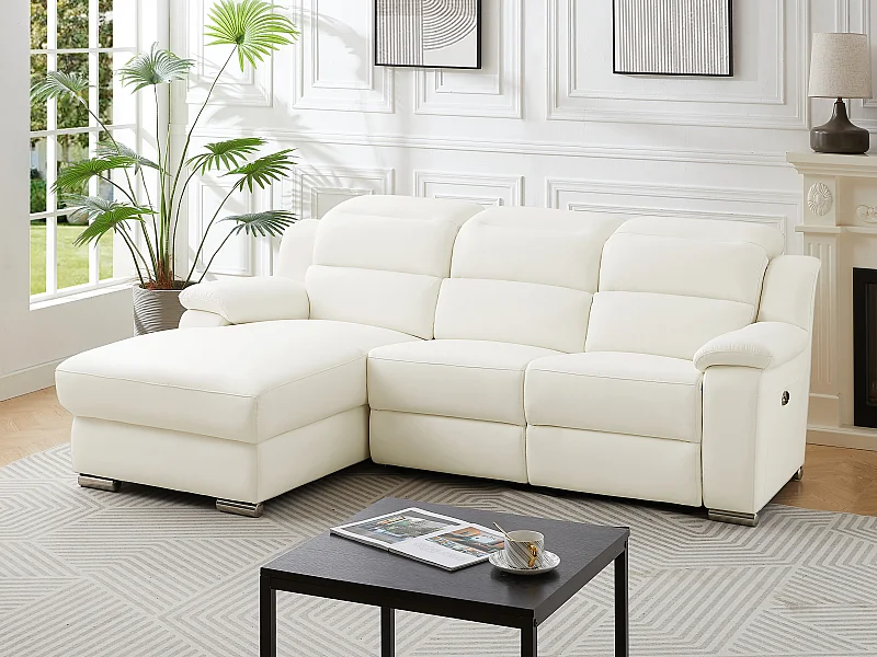 Vänster hörnrelaxsoffa i vitt läder ARENA III med elektrisk lutning