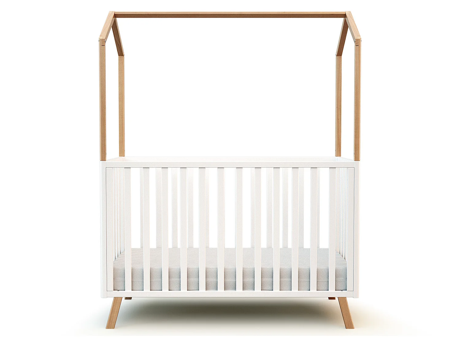 Lit cabane bébé évolutif en bois CONFORT Blanc et Hêtre Verni 60 x 120 cm