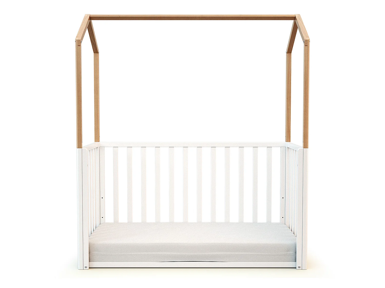 Lit cabane bébé évolutif en bois CONFORT Blanc et Hêtre Verni 60 x 120 cm