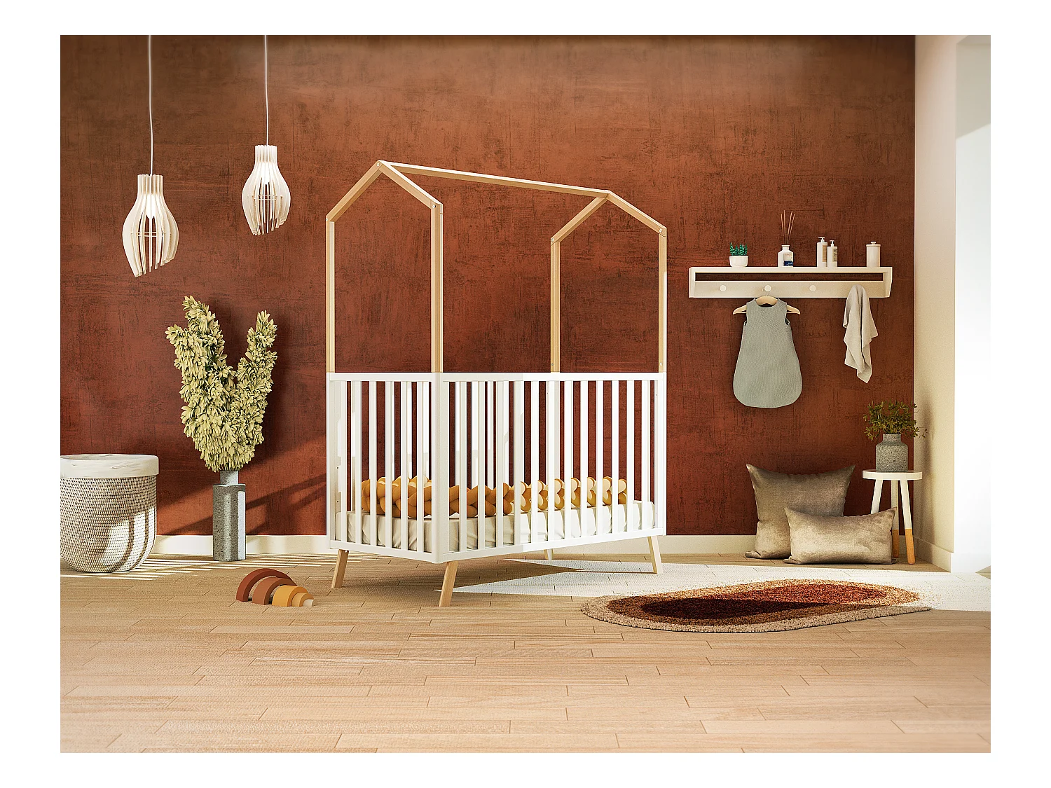 Lit cabane bébé évolutif en bois CONFORT Blanc et Hêtre Verni 60 x 120 cm