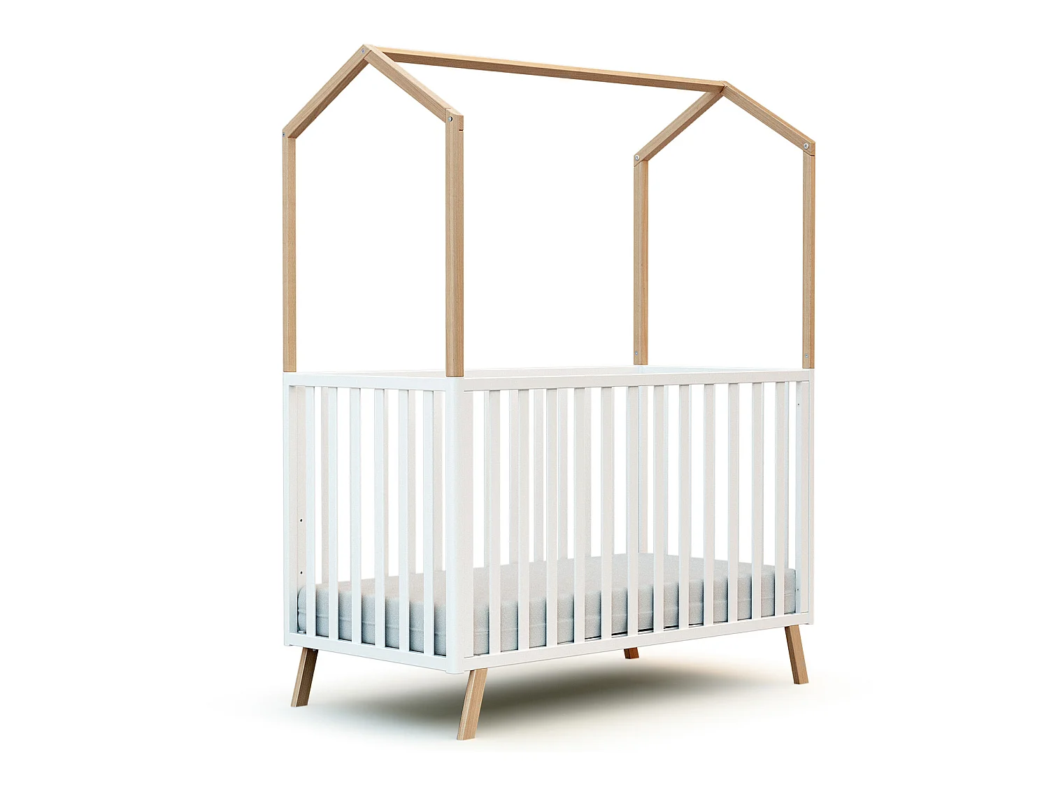 Lit cabane bébé évolutif en bois CONFORT Blanc et Hêtre Verni 60 x 120 cm