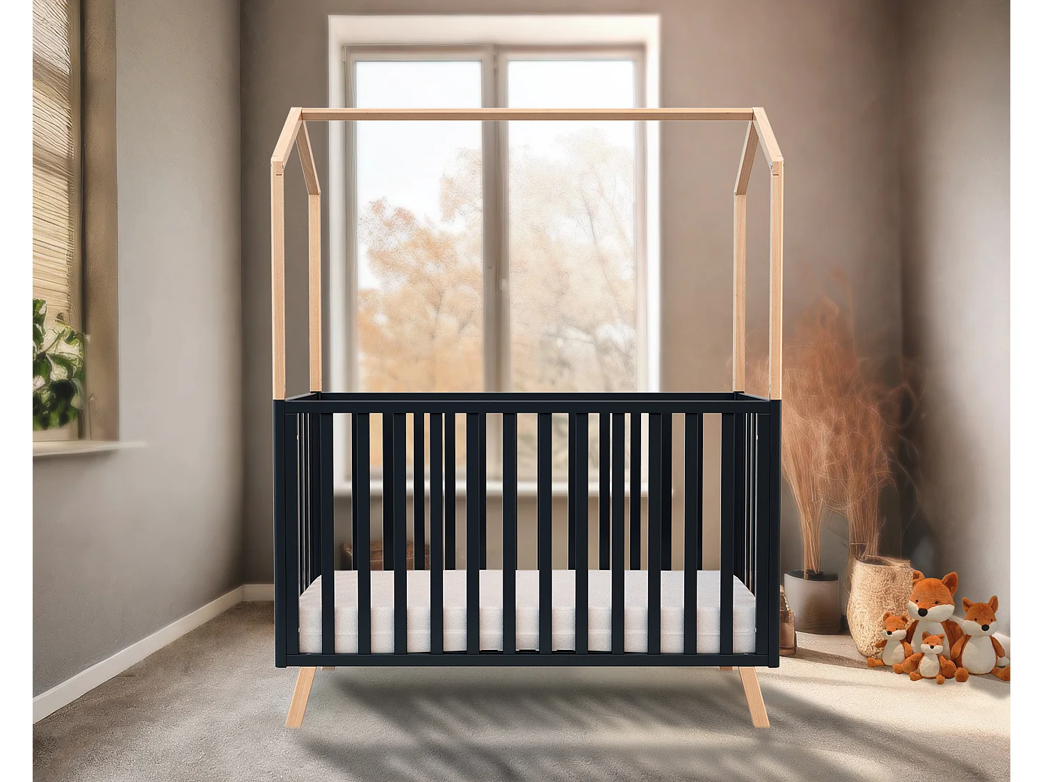 Lettino forma di casa trasformabile CONFORT legno - Grafite grigio/Faggio