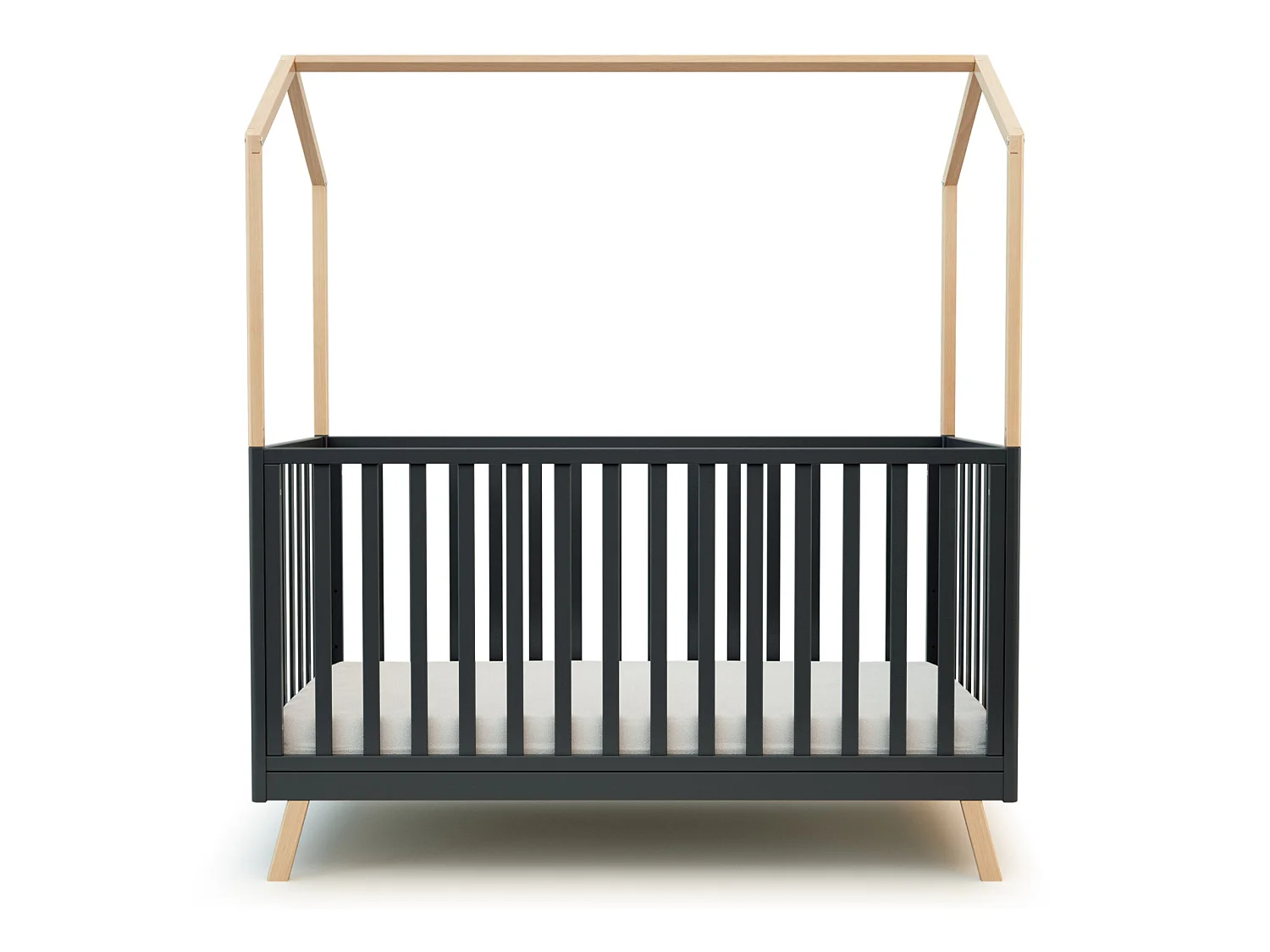 Umwandelbares Hüttenbett für Babys CONFORT Holz Graphitgrau und Buche Lackiert 70 x 140