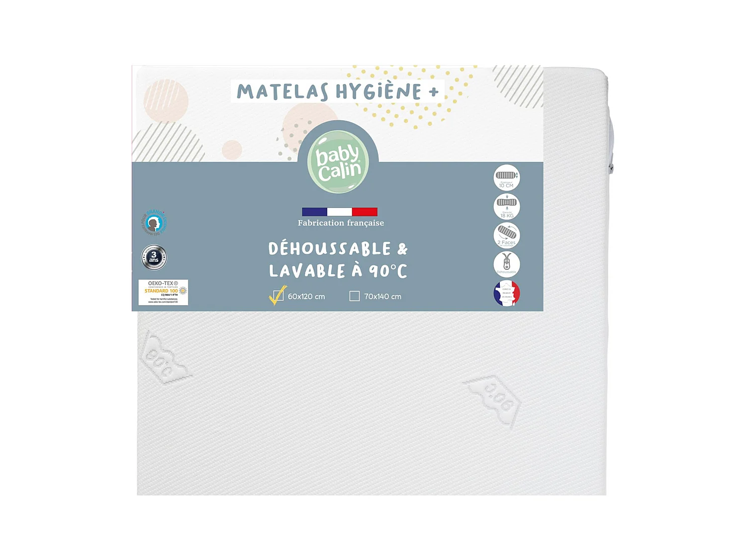 Matelas hygiène déhoussable lit bébé 60 x 120 cm - 100% polyuréthane - Blanc