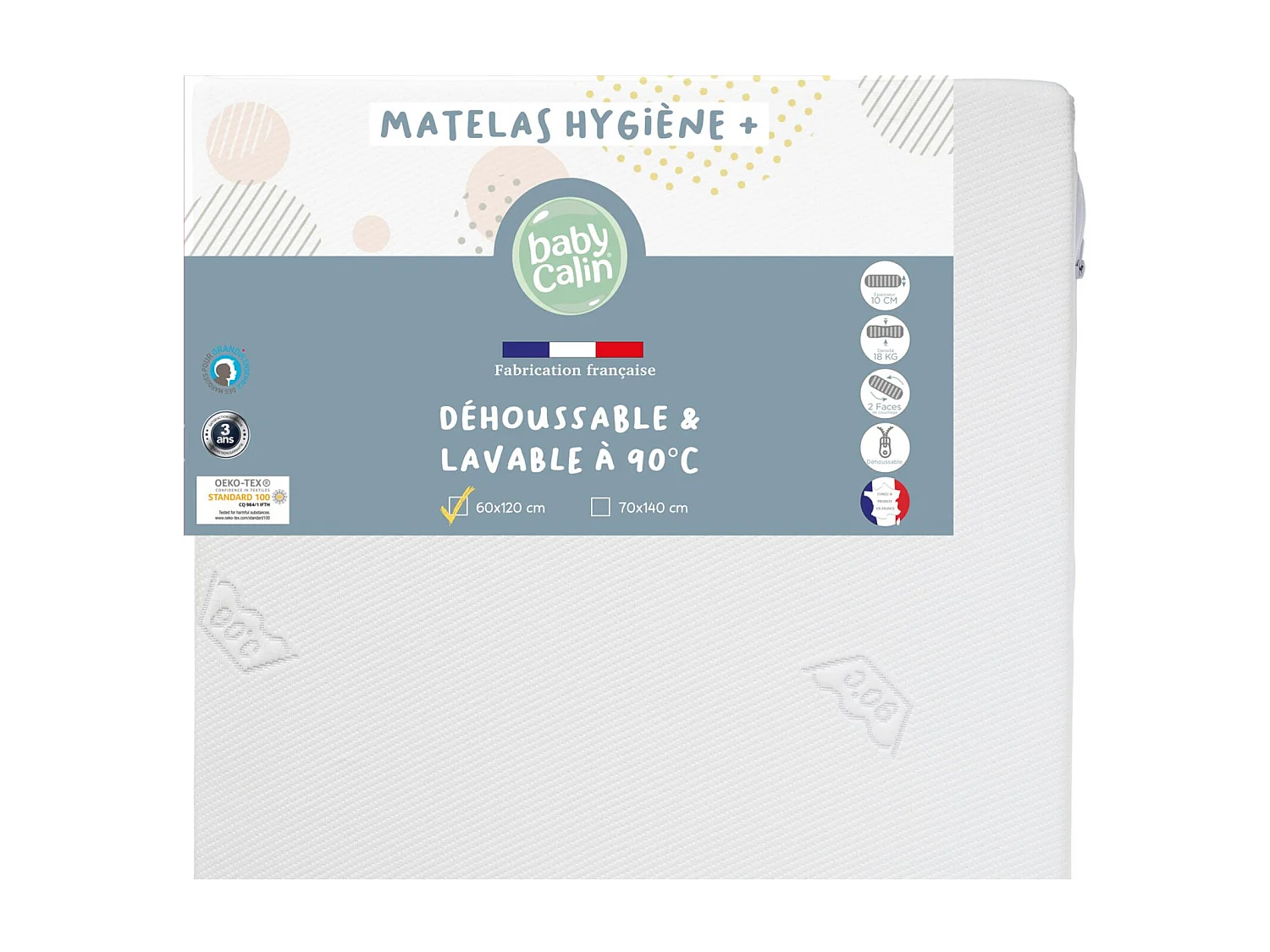 Matelas hygiène déhoussable lit bébé 60 x 120 cm - 100% polyuréthane - Blanc