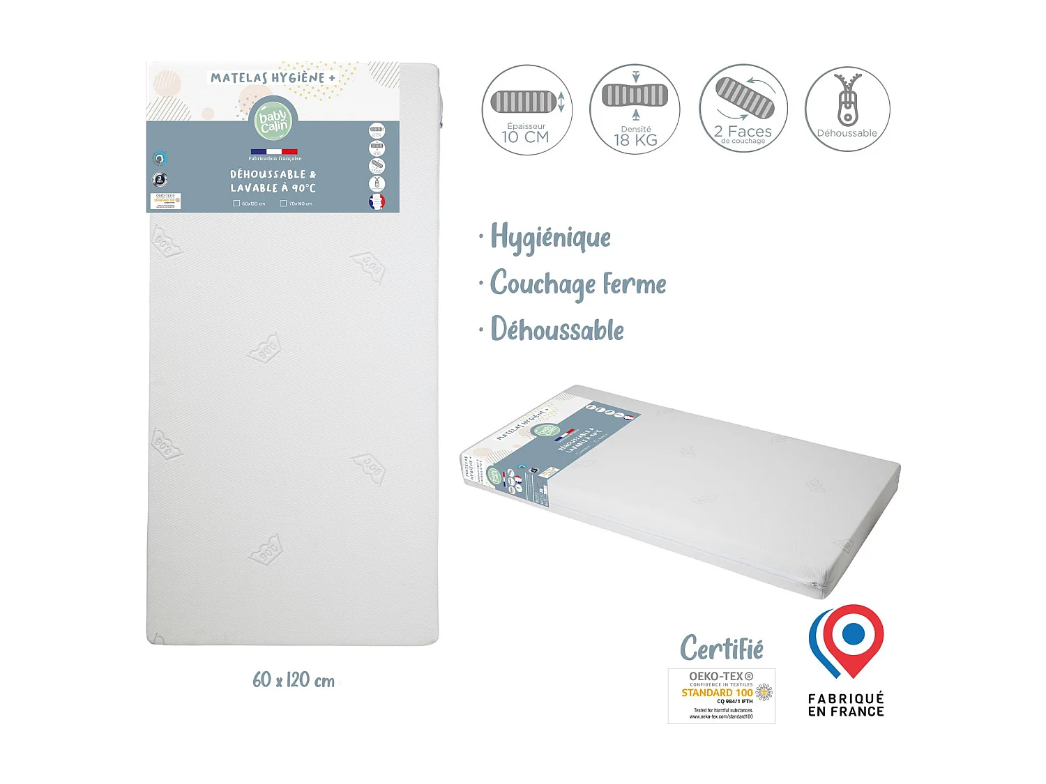 Matelas hygiène déhoussable lit bébé 60 x 120 cm - 100% polyuréthane - Blanc