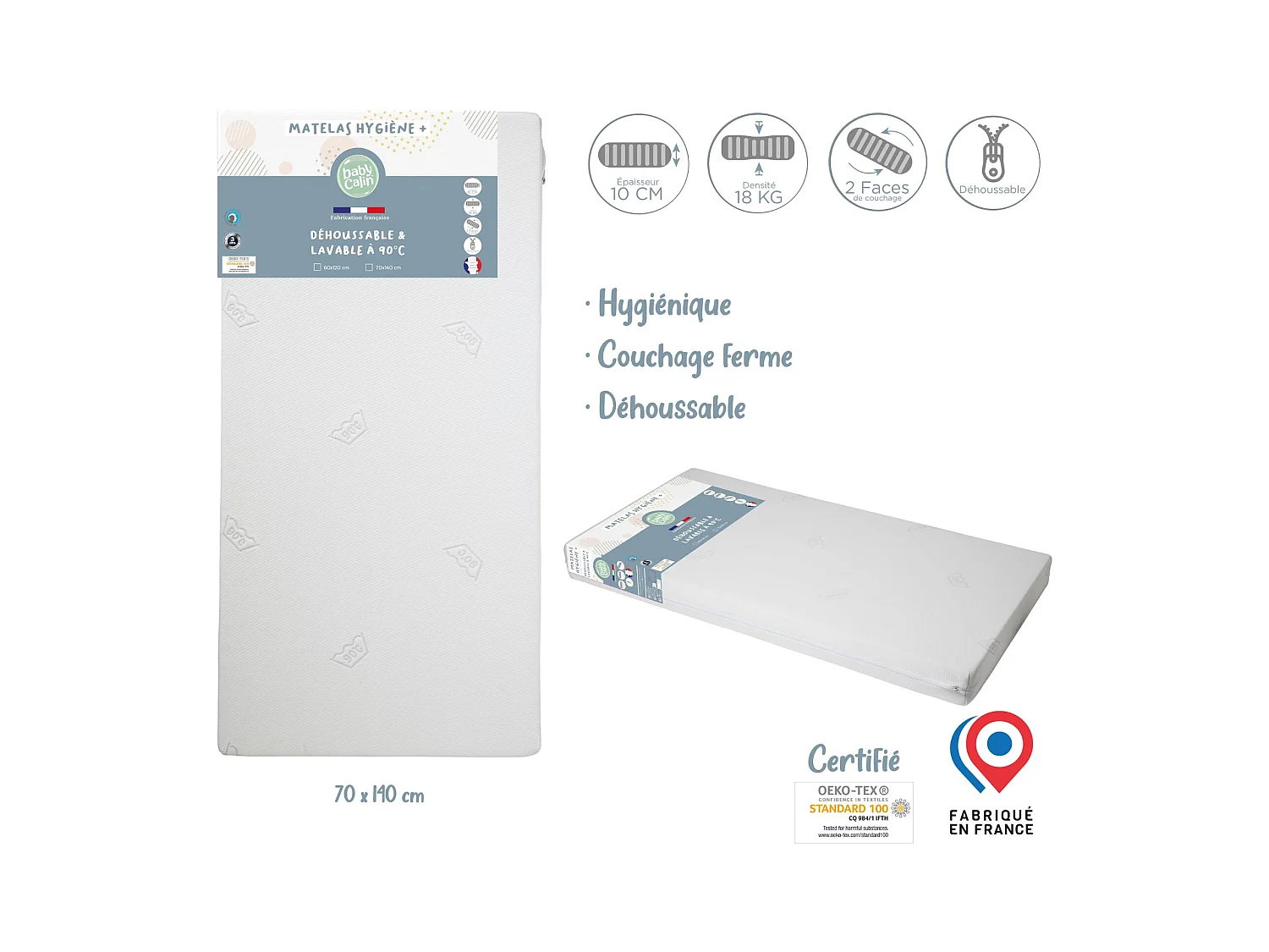 Materasso igienico sfoderabile per lettino 70 x 140 cm - 100% poliuretano - Bianco