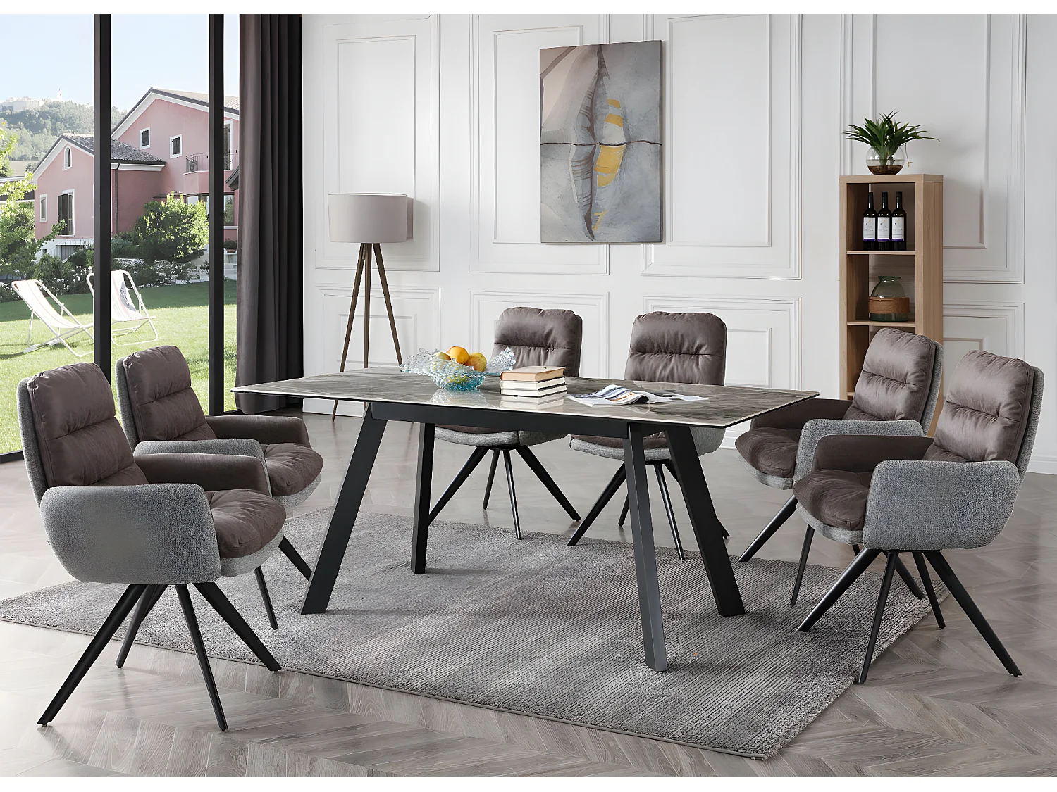 6x chaises de salle à manger fauteuil lounge avec accoudoir confortable rotative en tissu gris clair 04_0000860