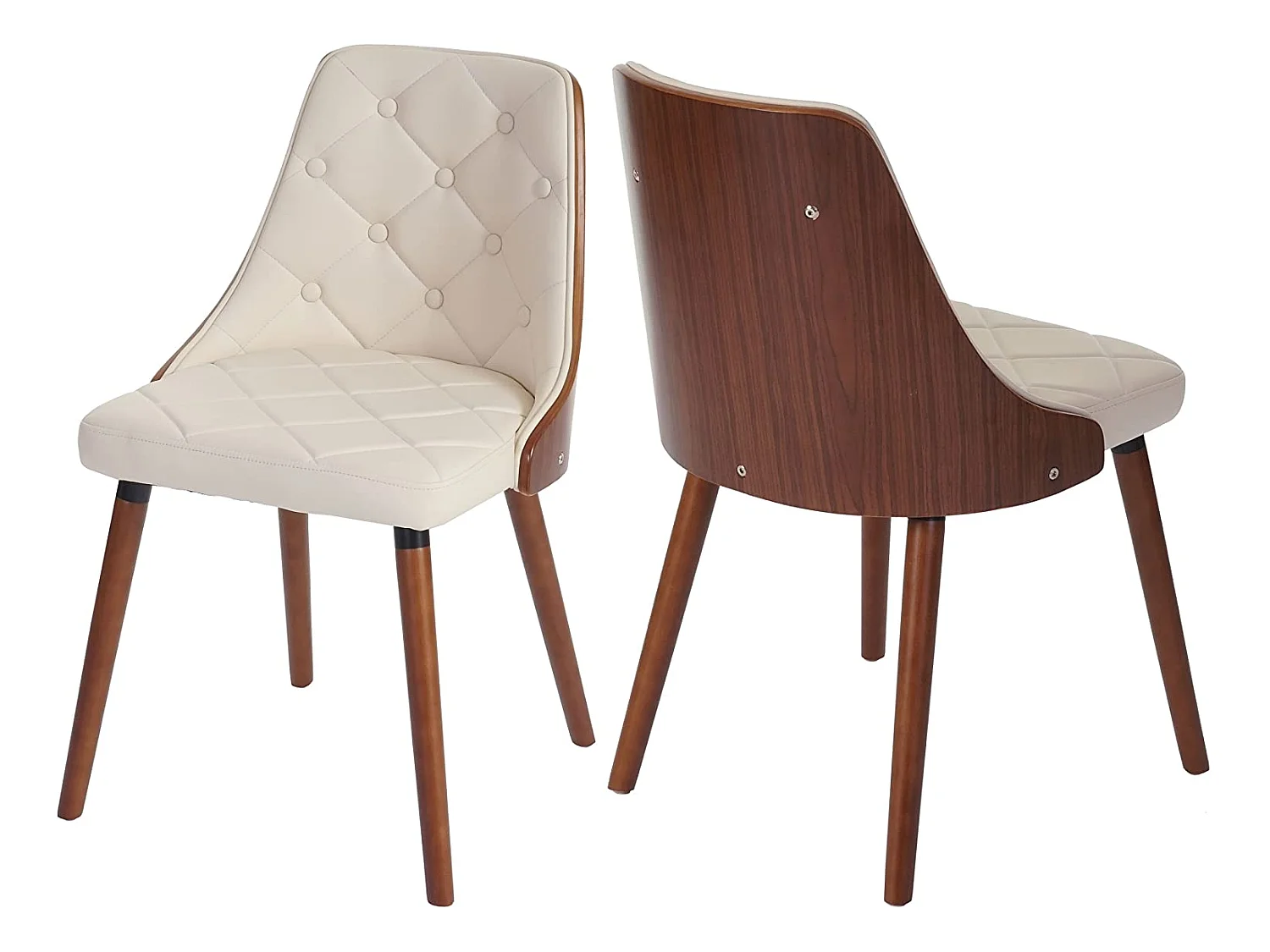 Lot de 2 chaises de salle à manger capitonné design chic en bois noyer et assise en synthétique crème CDS04468