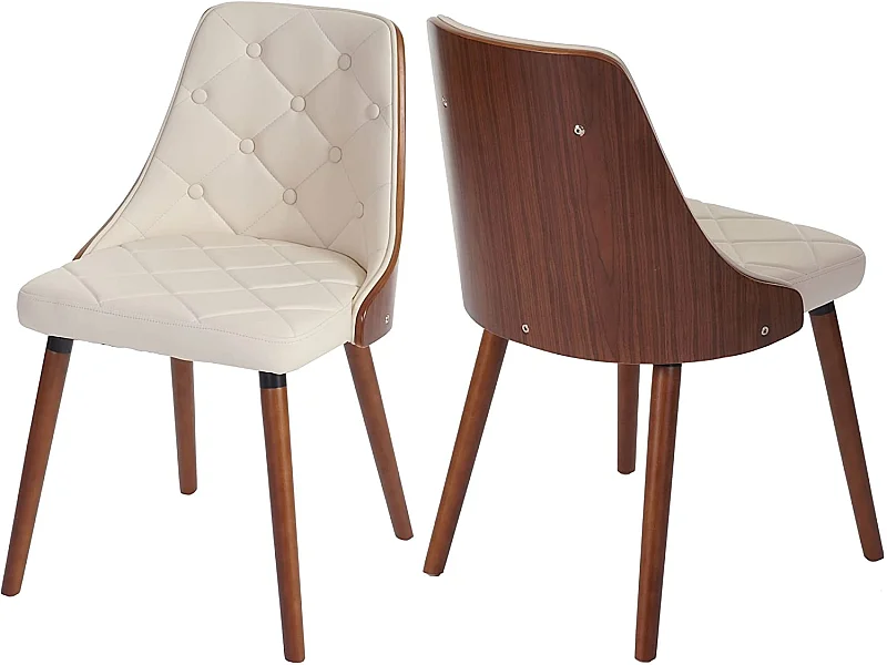 Lot de 2 chaises de salle à manger capitonné design chic en bois noyer et assise en synthétique crème CDS04468