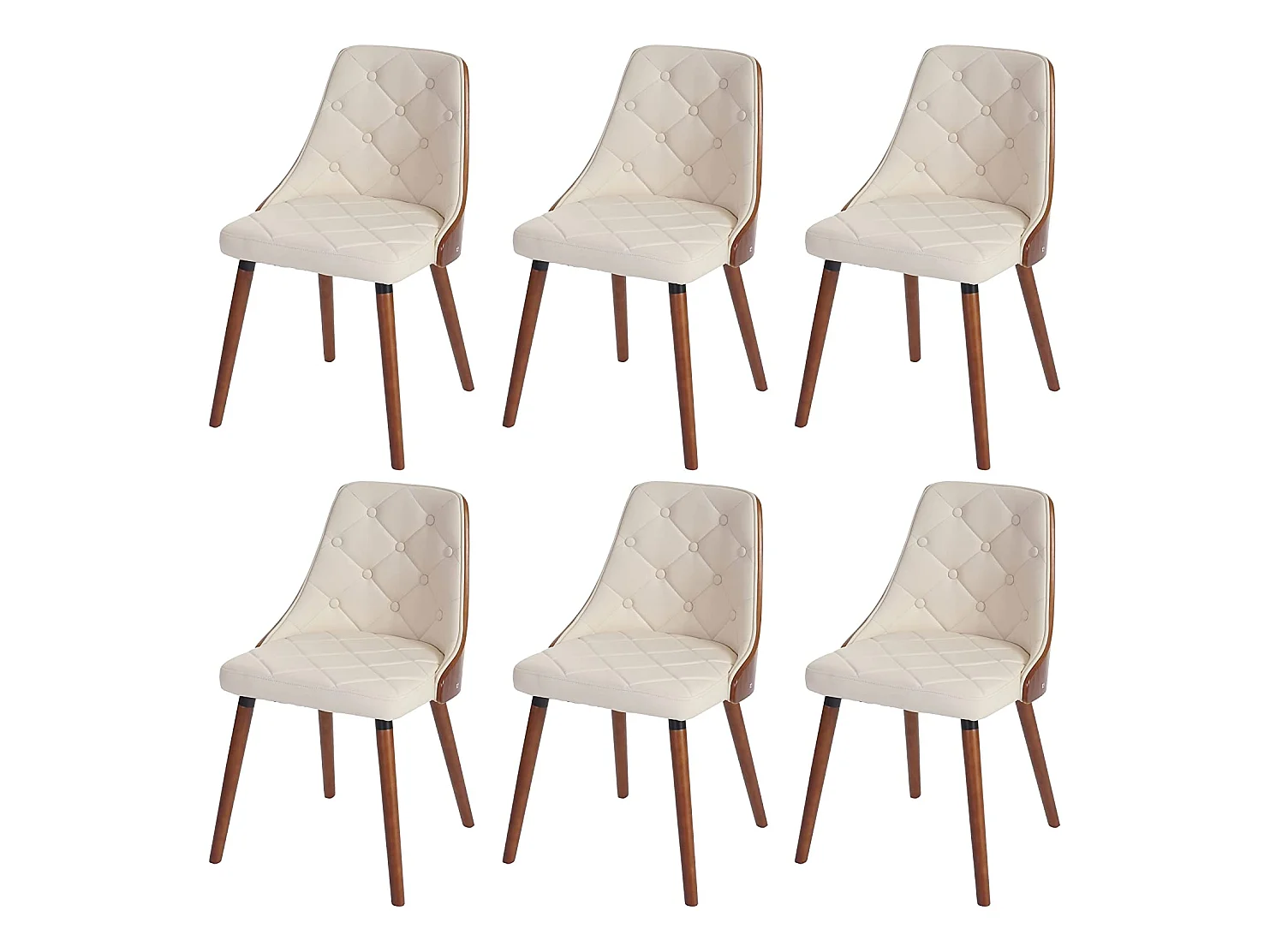 Lot de 6 chaises de salle à manger capitonné design chic en bois noyer et assise en synthétique crème CDS04669