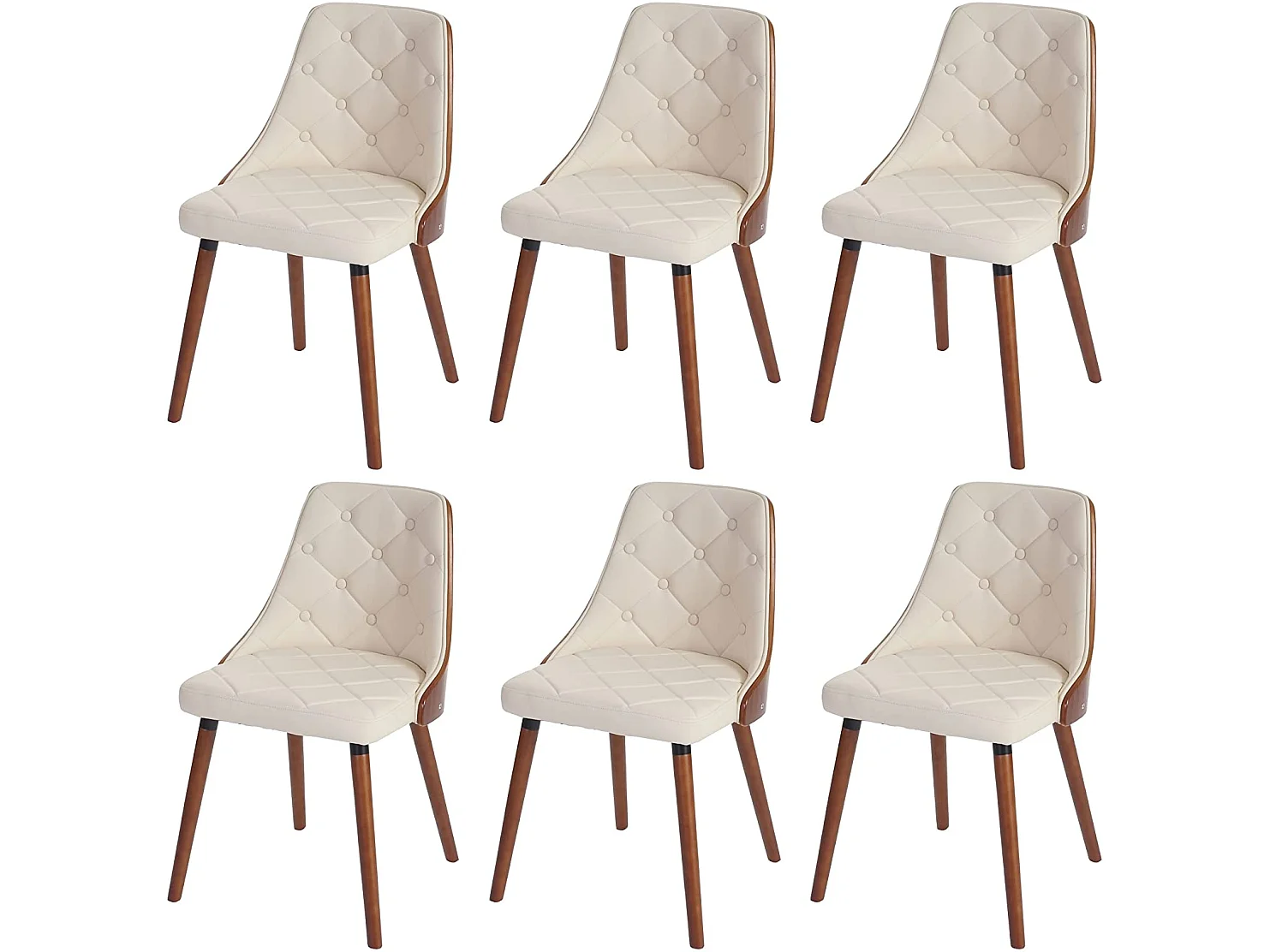 Lot de 6 chaises de salle à manger capitonné design chic en bois noyer et assise en synthétique crème CDS04669