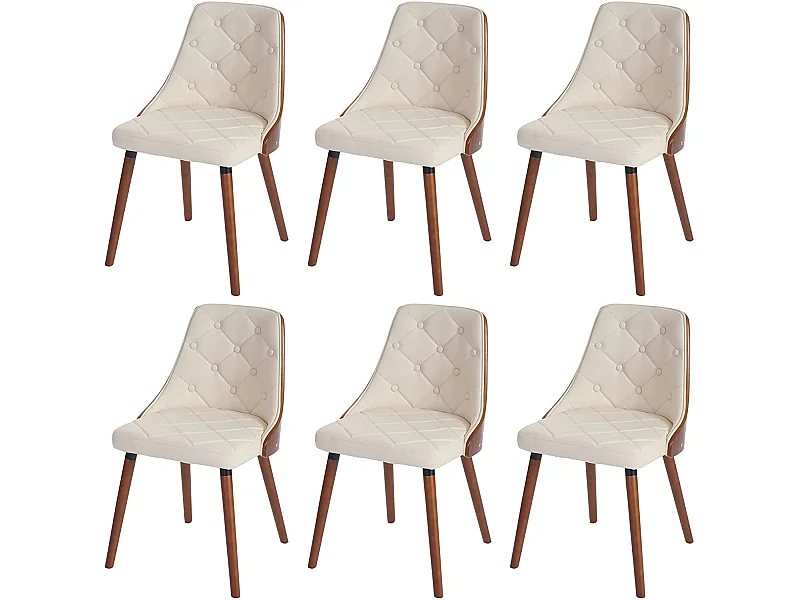 Lot de 6 chaises de salle à manger capitonné design chic en bois noyer et assise en synthétique crème CDS04669